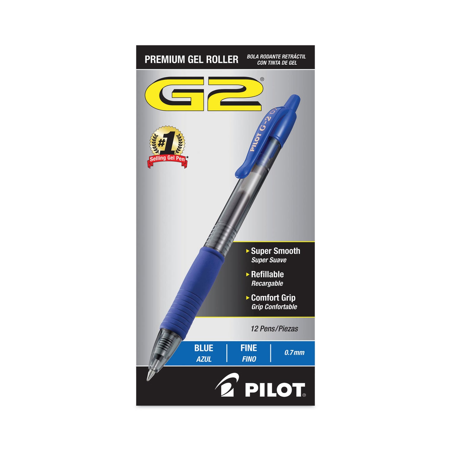 Pilot G2 Premium Gel Pen, Retractable, Fine 0.7 mm, Blue Ink, Smoke/Blue Barrel, 12/Pack (31021)