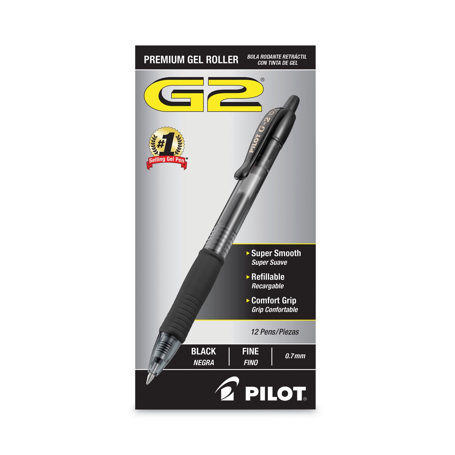 Pilot G2 Premium Gel Pen, Retractable, Fine 0.7 mm, Black Ink, Smoke/Black Barrel, Dozen (31020)