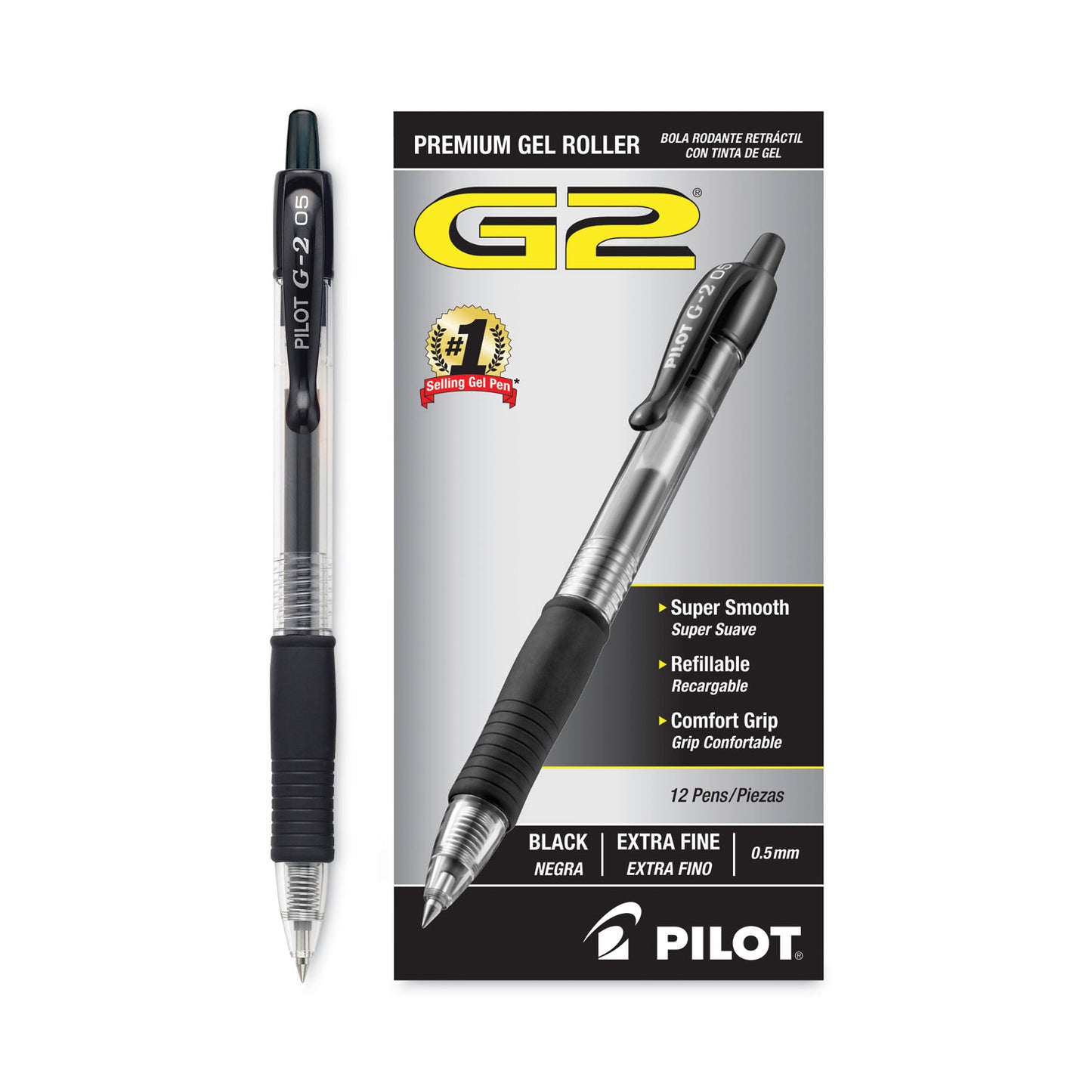 Pilot G2 Premium Gel Pen, Retractable, Extra-Fine 0.5 mm, Black Ink, Smoke/Black Barrel, Dozen (31002)