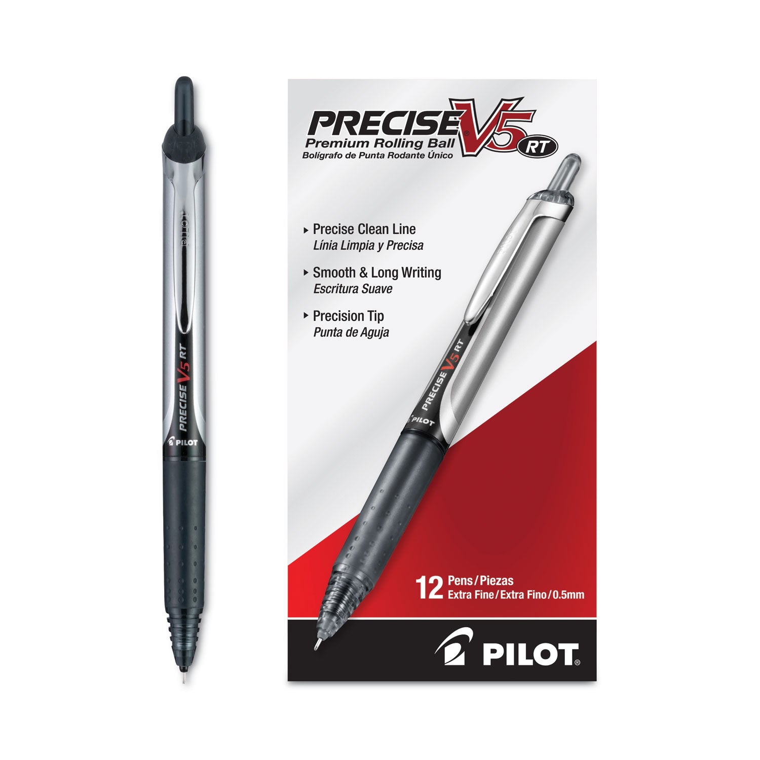 Pilot Precise V5RT Roller Ball Pen, Retractable, Extra-Fine 0.5 mm, Black Ink, Black Barrel (26062)