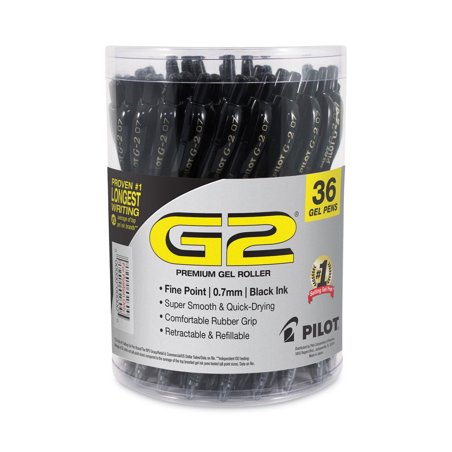 Pilot G2 Premium Gel Pen Convenience Pack, Retractable, Fine 0.7 mm, Black Ink, Smoke/Black Barrel, 36/Pack (84065)