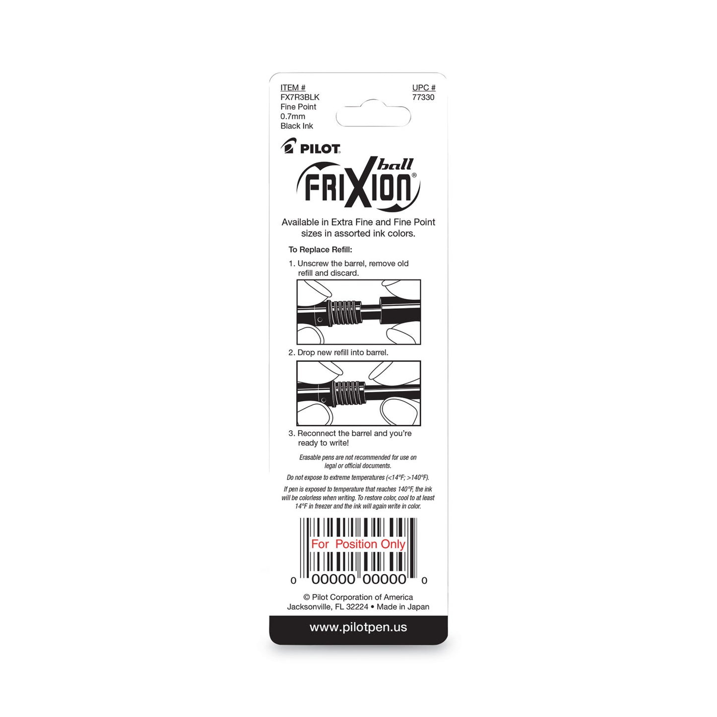 Refill for Pilot FriXion Erasable, FriXion Ball, FriXion Clicker and FriXion LX Gel Ink Pens, Fine Tip, Black Ink, 3/Pack (77330)