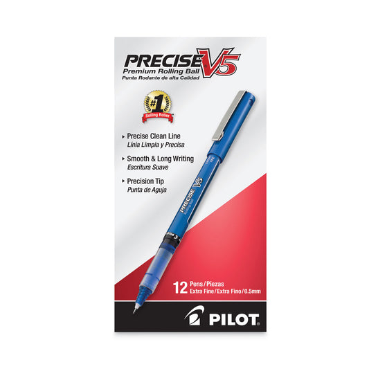 Pilot Precise V5 Roller Ball Pen, Stick, Extra-Fine 0.5 mm, Blue Ink, Blue/Clear Barrel, Dozen (35335)