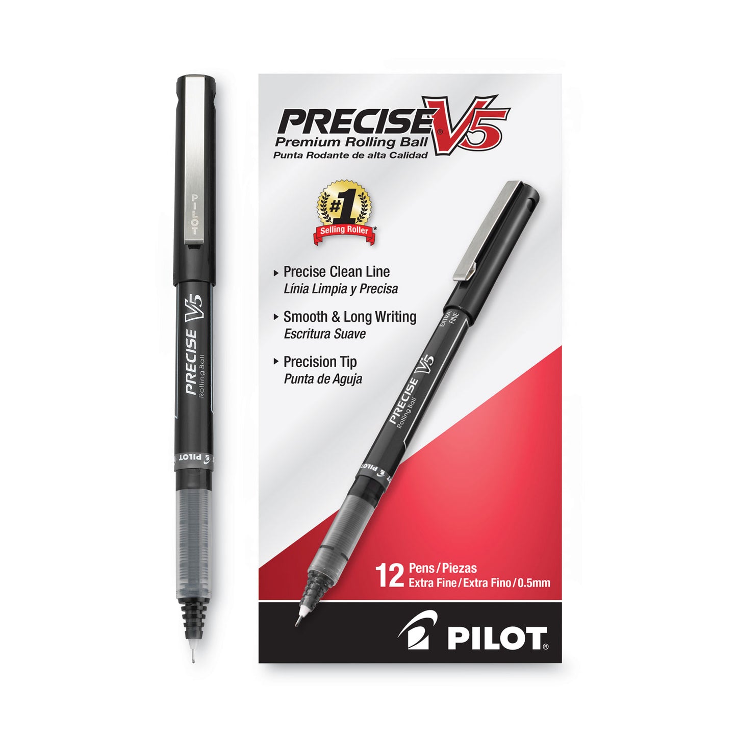 Pilot Precise V5 Roller Ball Pen, Stick, Extra-Fine 0.5 mm, Black Ink, Black/Clear Barrel, Dozen (35334)