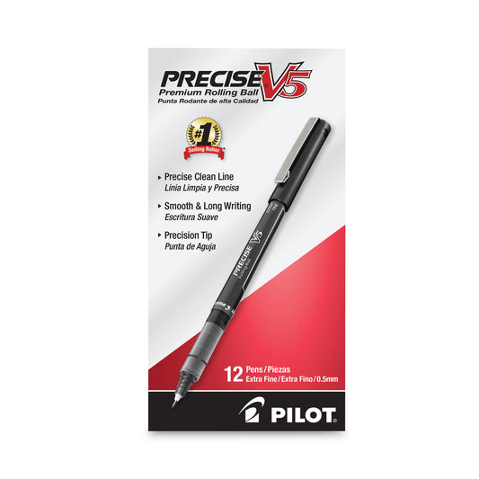 Pilot Precise V5 Roller Ball Pen, Stick, Extra-Fine 0.5 mm, Black Ink, Black/Clear Barrel, Dozen (35334)