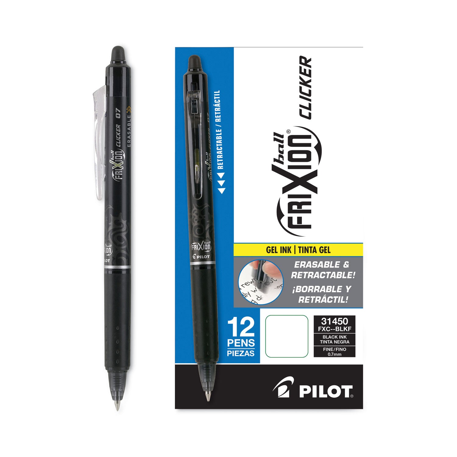 Pilot FriXion Clicker Erasable Gel Pen, Retractable, Fine 0.7 mm, Black Ink, Black Barrel (31450)