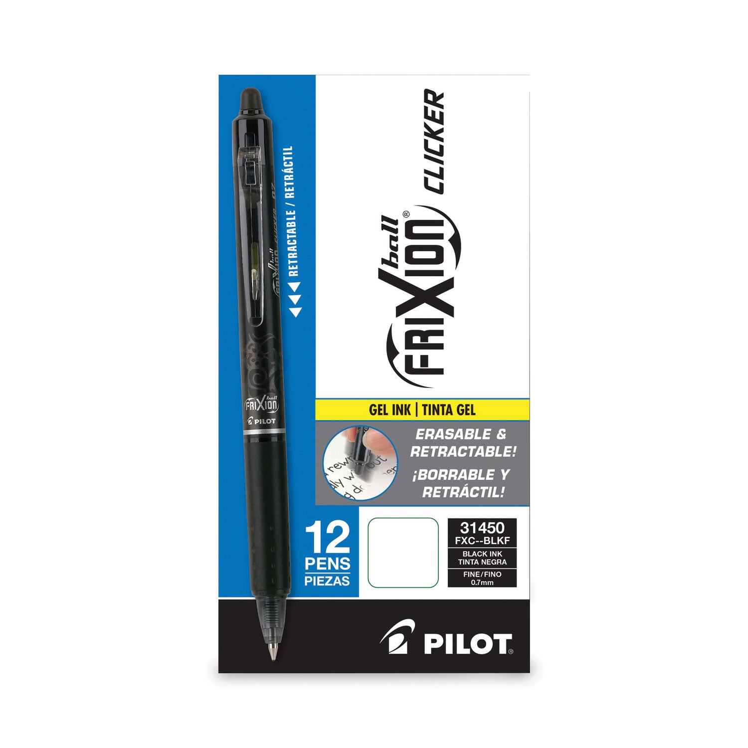 Pilot FriXion Clicker Erasable Gel Pen, Retractable, Fine 0.7 mm, Black Ink, Black Barrel (31450)