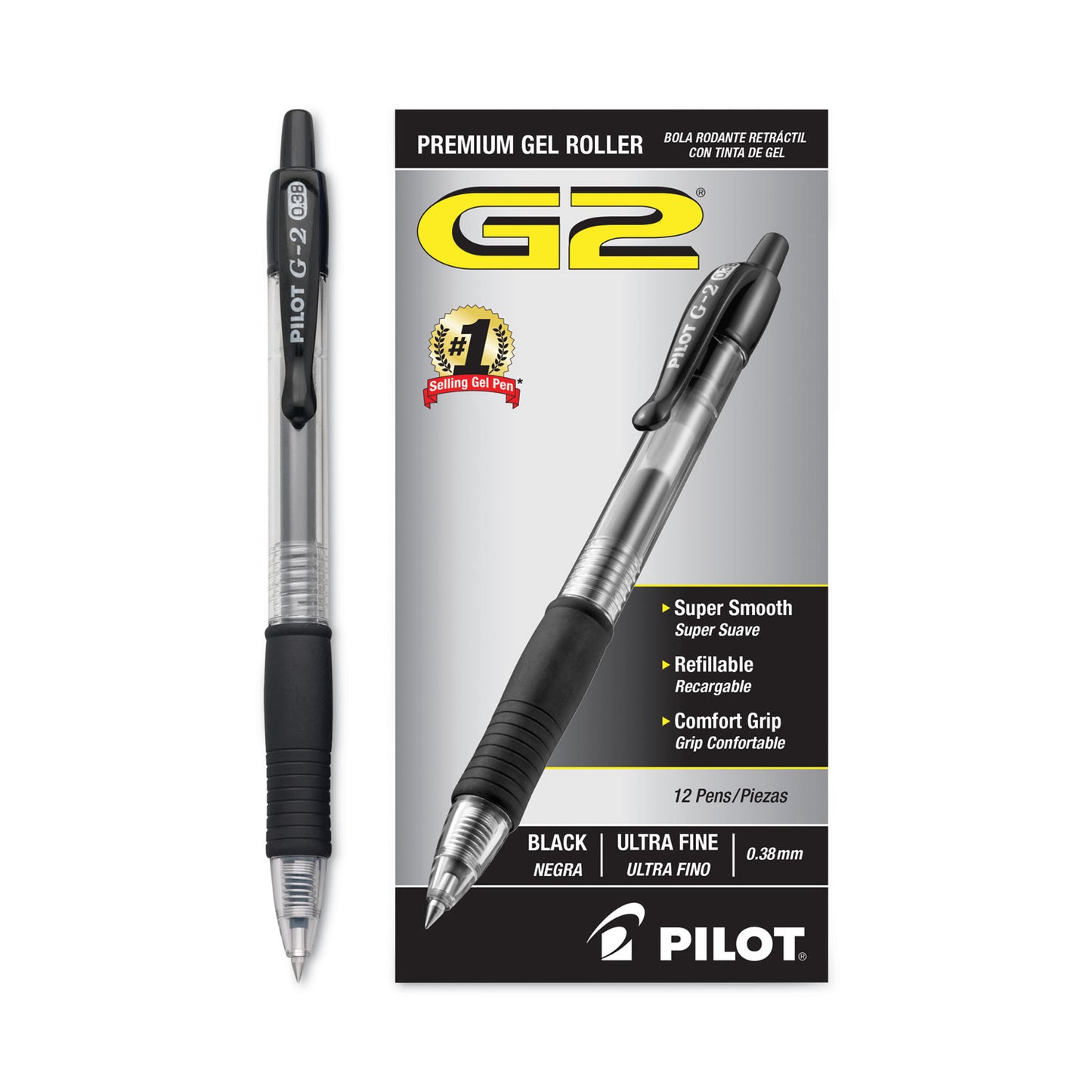 Pilot G2 Premium Gel Pen Convenience Pack, Retractable, Extra-Fine 0.38 mm, Black Ink, Smoke/Black Barrel, Dozen (31277)