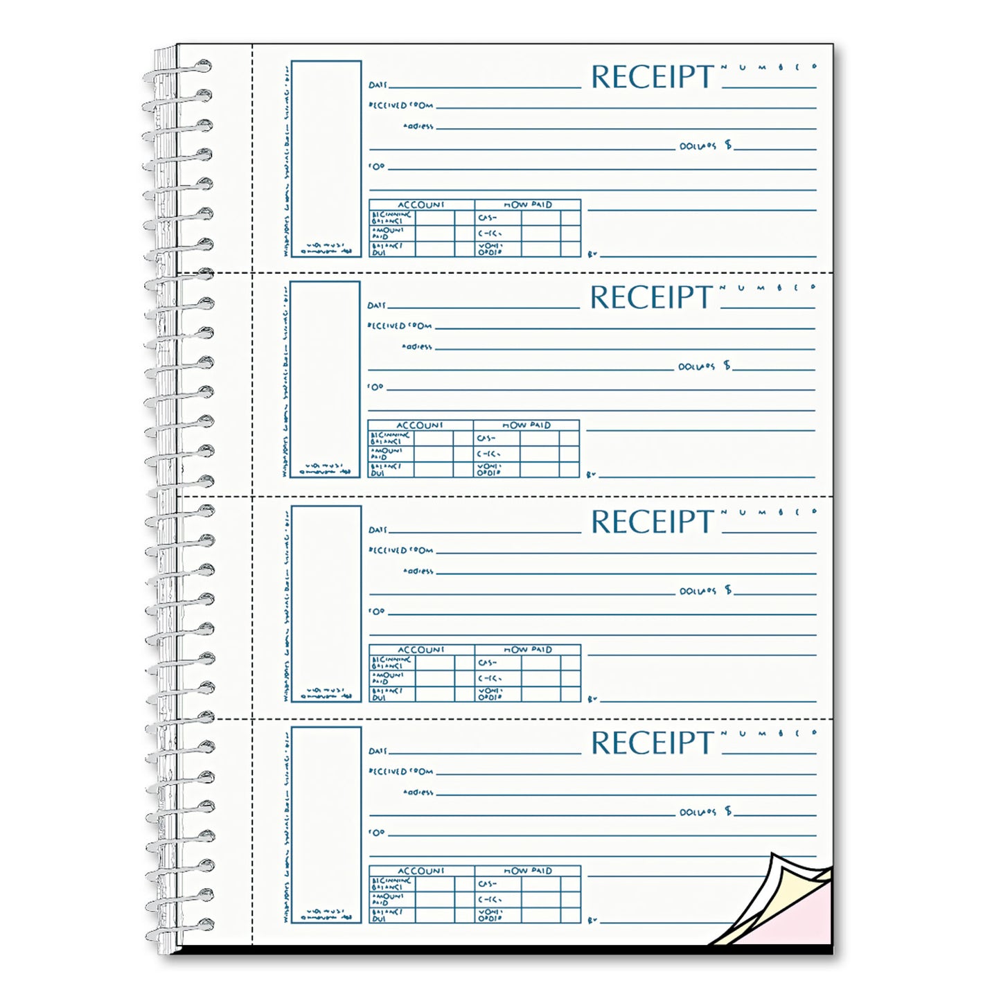Rediform Spiralbound Unnumbered Money Receipt Book, Three-Part Carbonless, 7 x 2.75, 4 Forms/Sheet, 120 Forms Total (S16444WCL)
