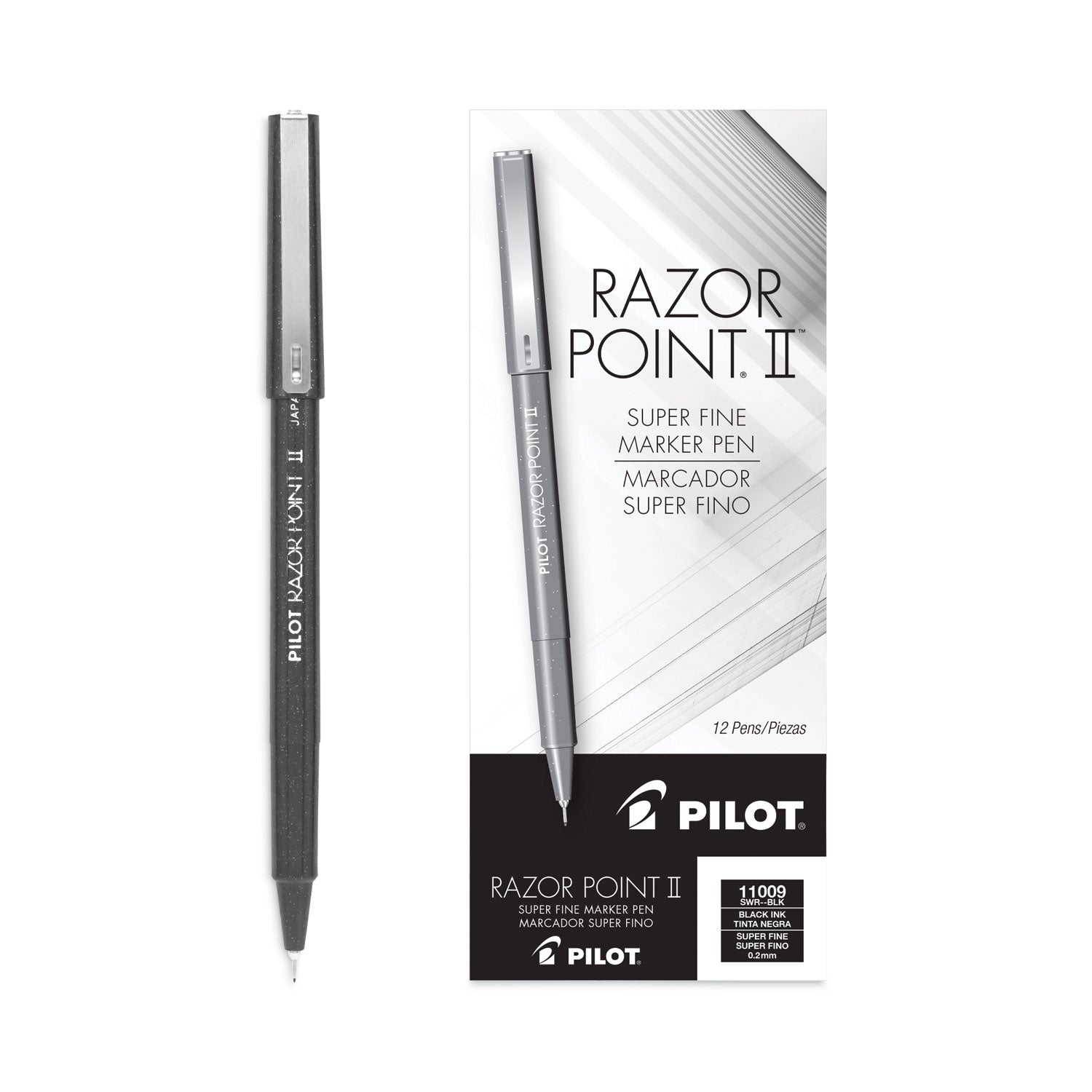 Pilot Razor Point II Super Fine Line Porous Point Pen, Stick, Ultra-Fine 0.2 mm, Black Ink, Black Barrel, Dozen (11009)