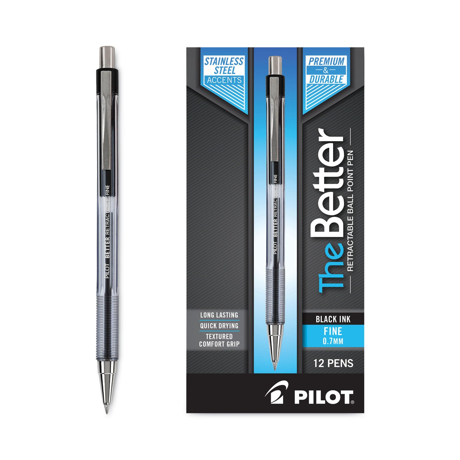 Pilot Better Ballpoint Pen, Retractable, Fine 0.7 mm, Black Ink, Smoke Barrel, Dozen (30000)