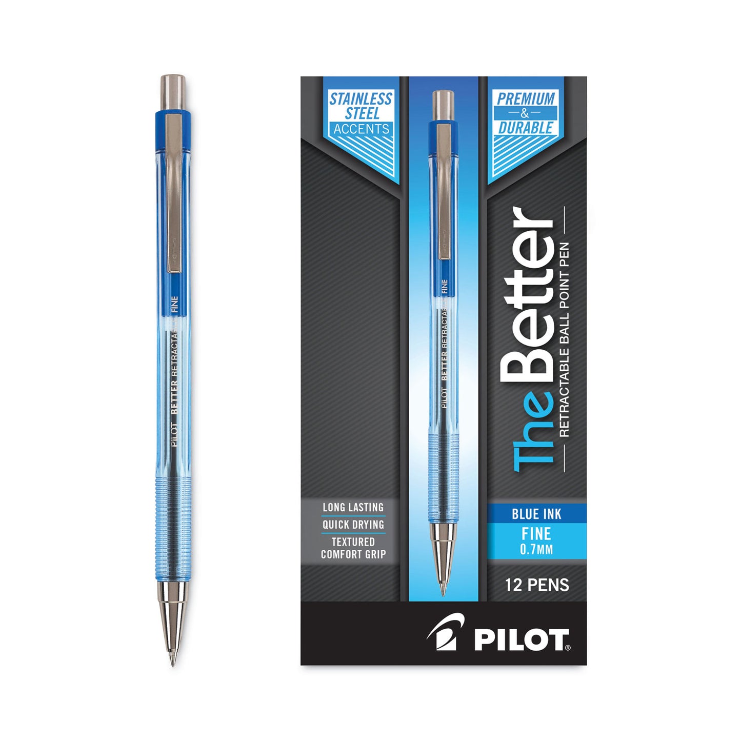 Pilot Better Ballpoint Pen, Retractable, Fine 0.7 mm, Blue Ink, Translucent Blue Barrel, Dozen (30001)