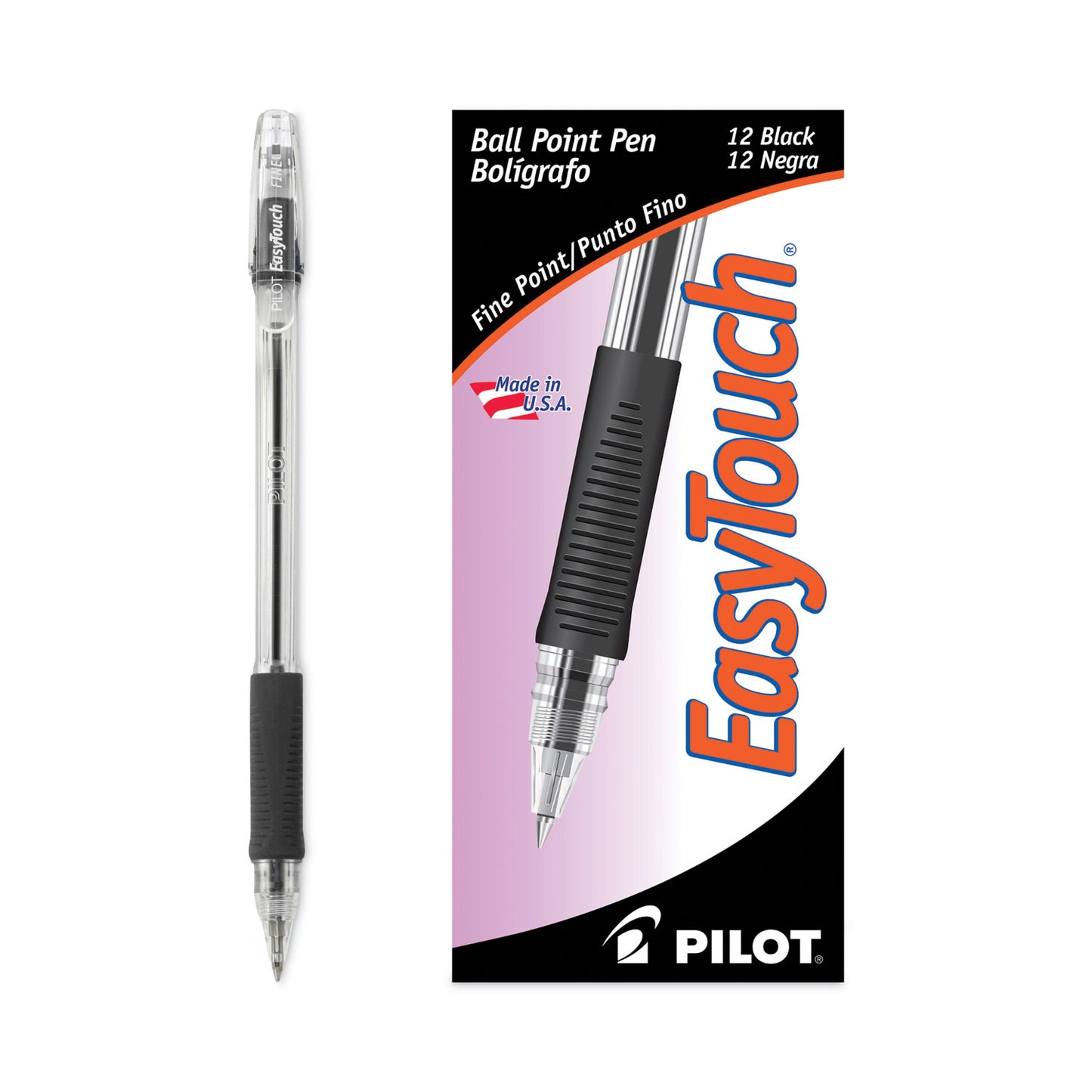 Pilot EasyTouch Ballpoint Pen, Stick, Fine 0.7 mm, Black Ink, Clear/Black Barrel, Dozen (32001)