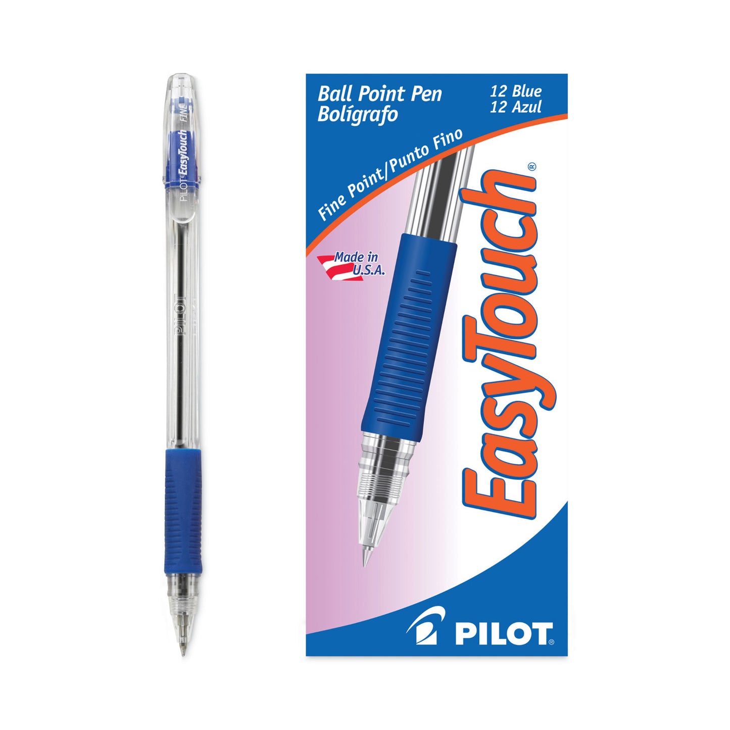 Pilot EasyTouch Ballpoint Pen, Stick, Fine 0.7 mm, Blue Ink, Clear/Blue Barrel, Dozen (32002)