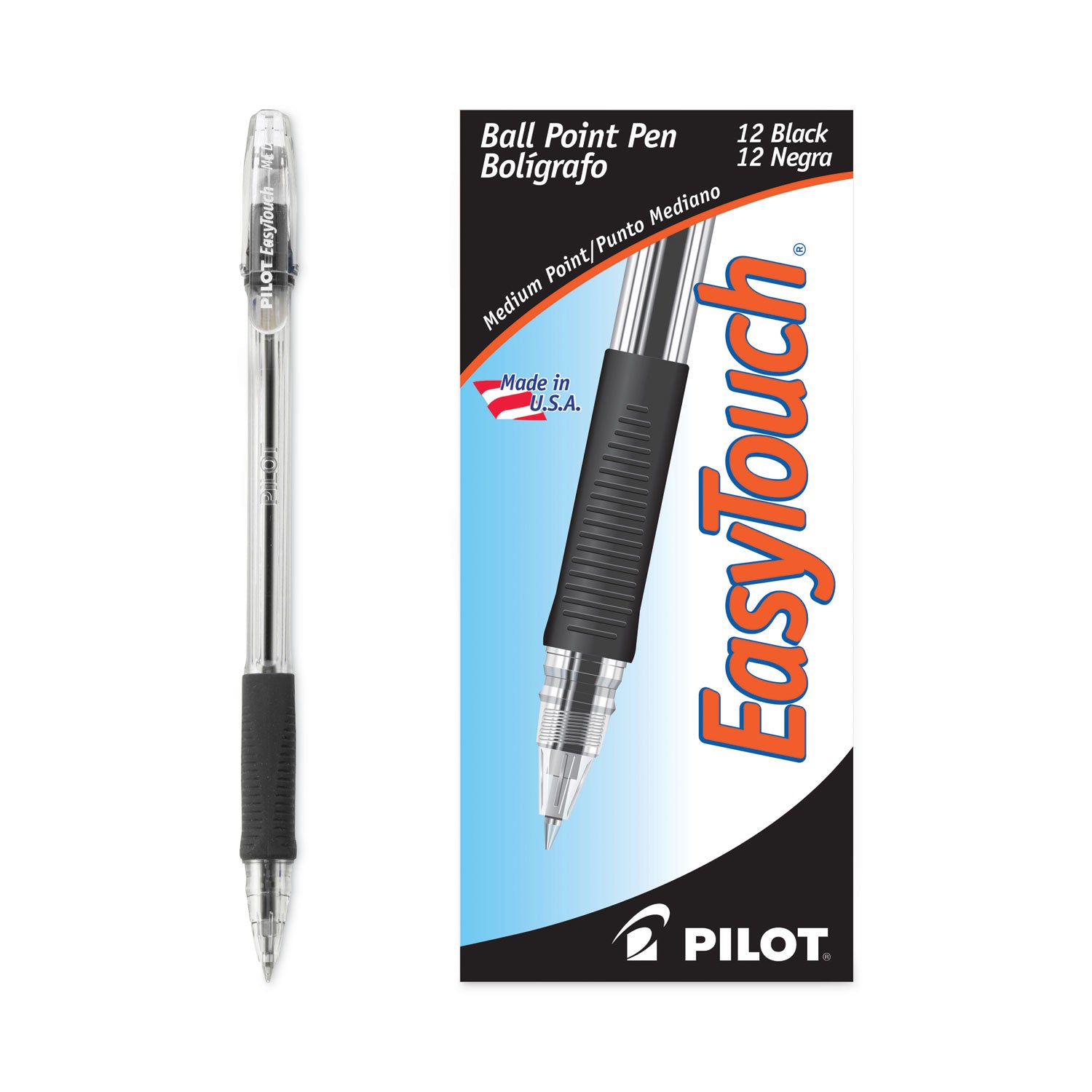 Pilot EasyTouch Ballpoint Pen, Stick, Medium 1 mm, Black Ink, Clear/Black Barrel, Dozen (32010)