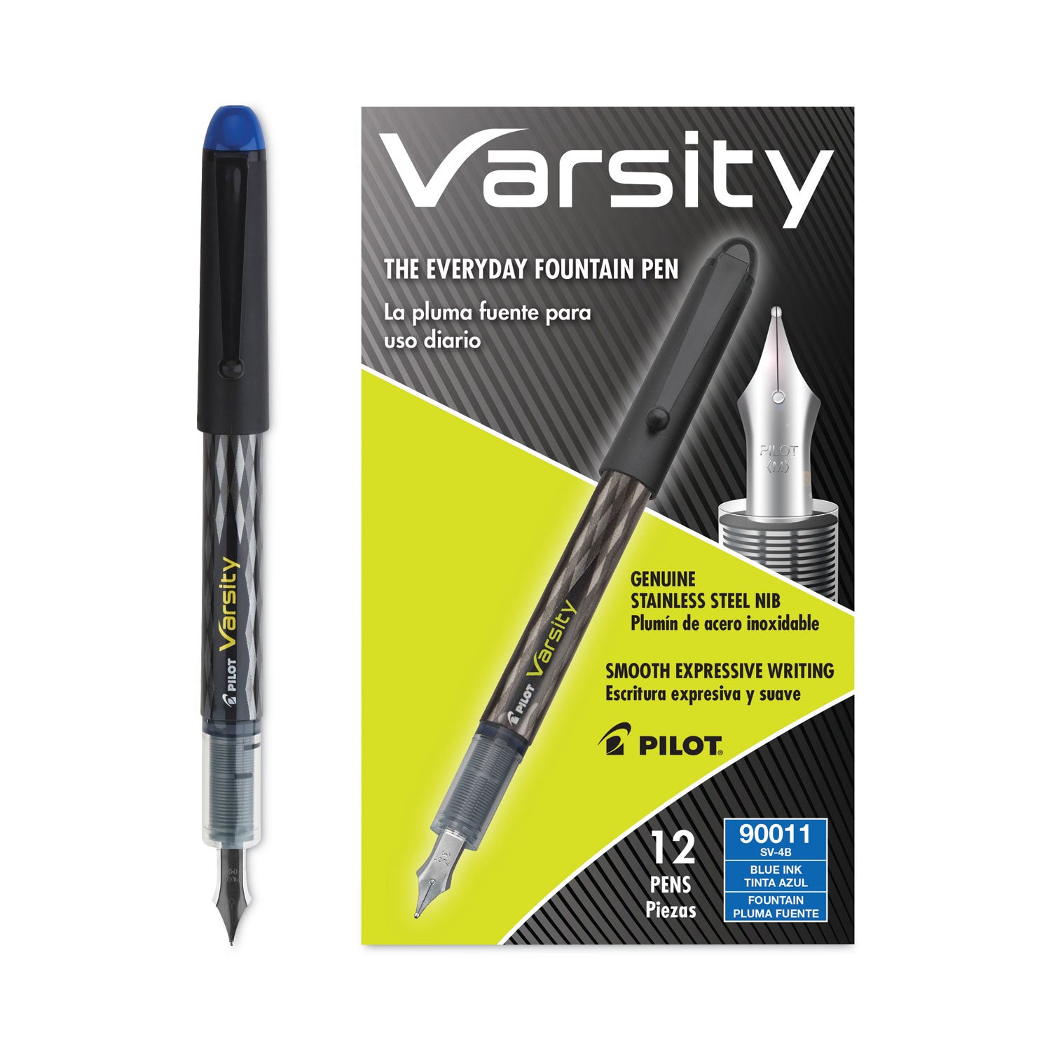 Pilot Varsity Fountain Pen, Medium 1 mm, Blue Ink, Clear/Black/Blue Barrel (90011)