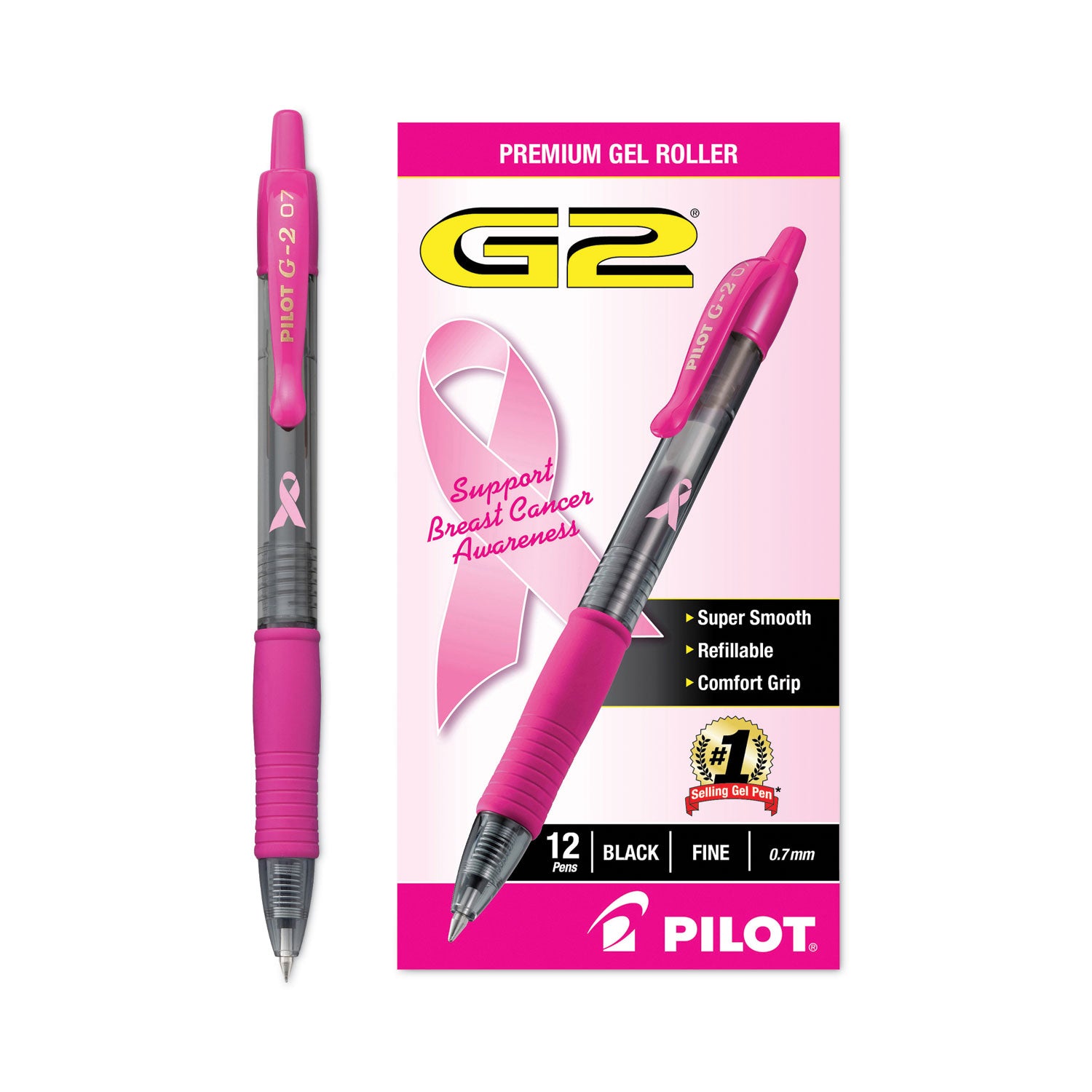 Pilot G2 Premium Breast Cancer Awareness Gel Pen, Retractable, Fine 0.7 mm, Black Ink, Smoke/Pink Barrel, Dozen (31332)