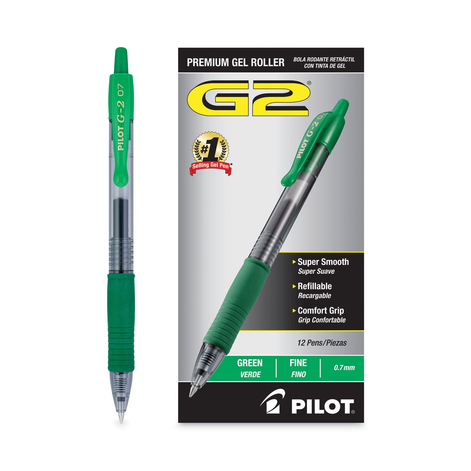 Pilot G2 Premium Gel Pen, Retractable, Fine 0.7 mm, Green Ink, Smoke/Green Barrel, Dozen (31025)