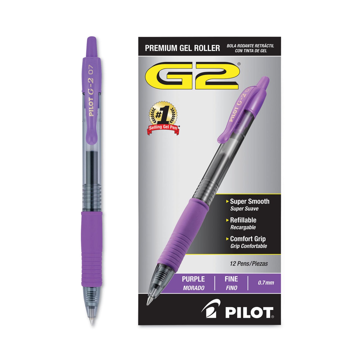 Pilot G2 Premium Gel Pen, Retractable, Fine 0.7 mm, Purple Ink, Smoke/Purple Barrel, Dozen (31029)