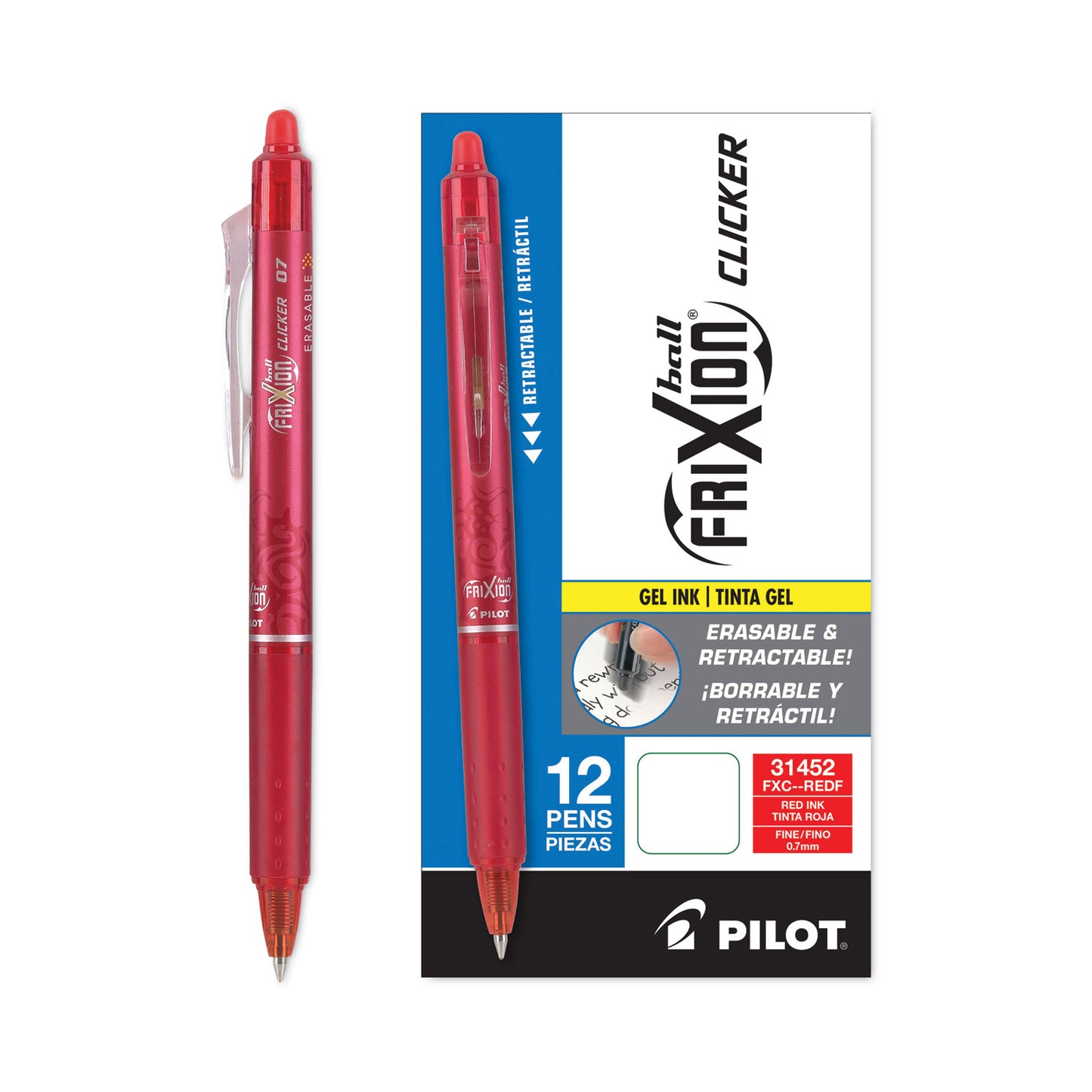 Pilot FriXion Clicker Erasable Gel Pen, Retractable, Fine 0.7 mm, Red Ink, Red Barrel (31452)