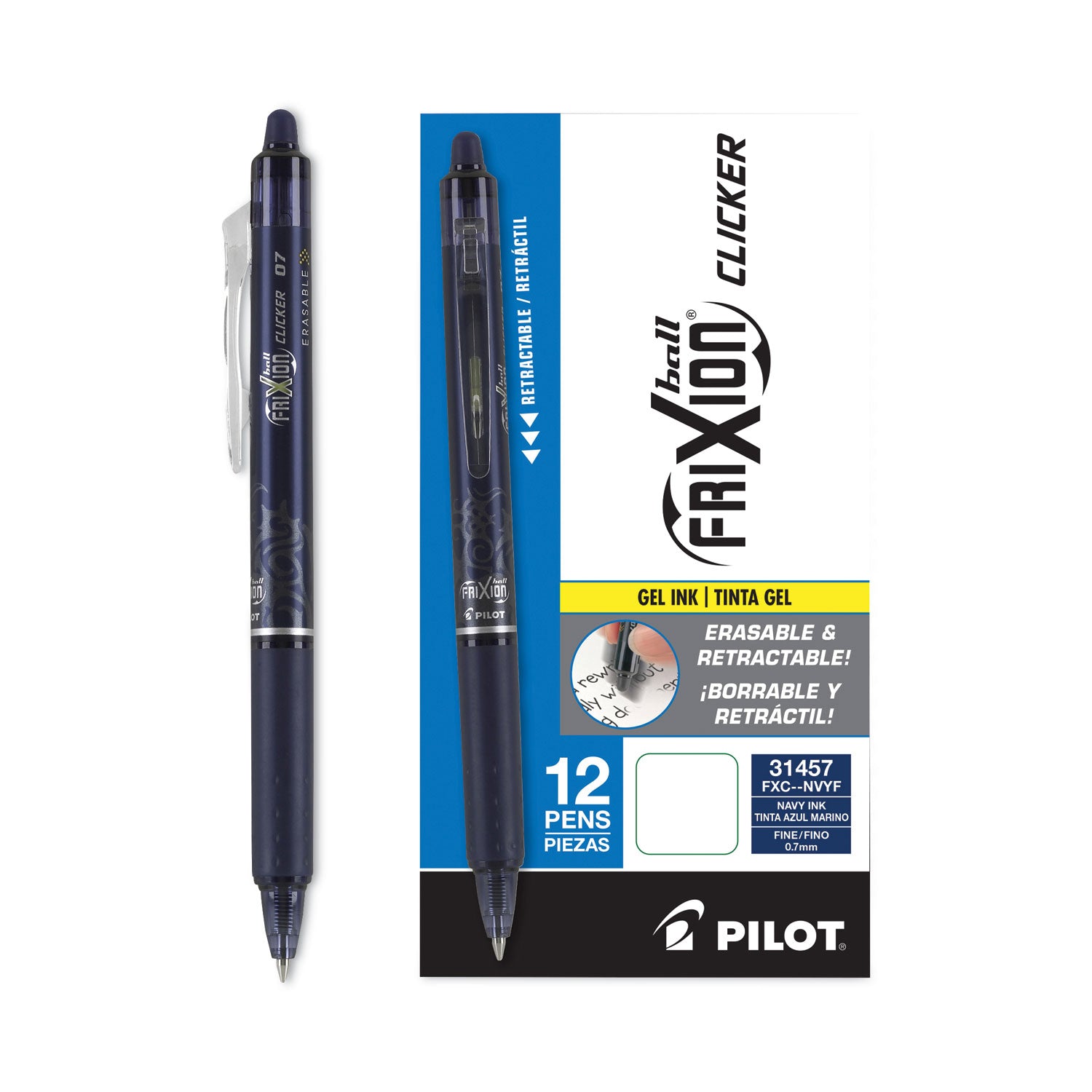 Pilot FriXion Clicker Erasable Gel Pen, Retractable, Fine 0.7 mm, Navy Ink, Navy Barrel (31457)