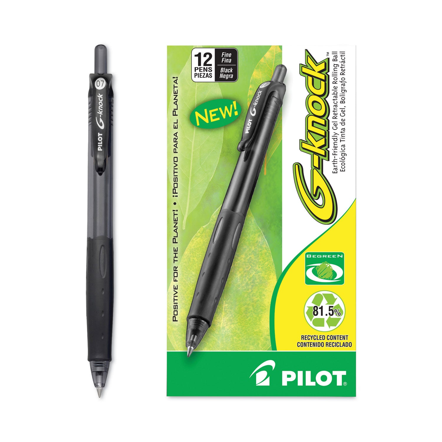 Pilot G-Knock BeGreen Gel Pen, Retractable, Fine 0.7 mm, Black Ink, Smoke/Black Barrel, Dozen (31506)