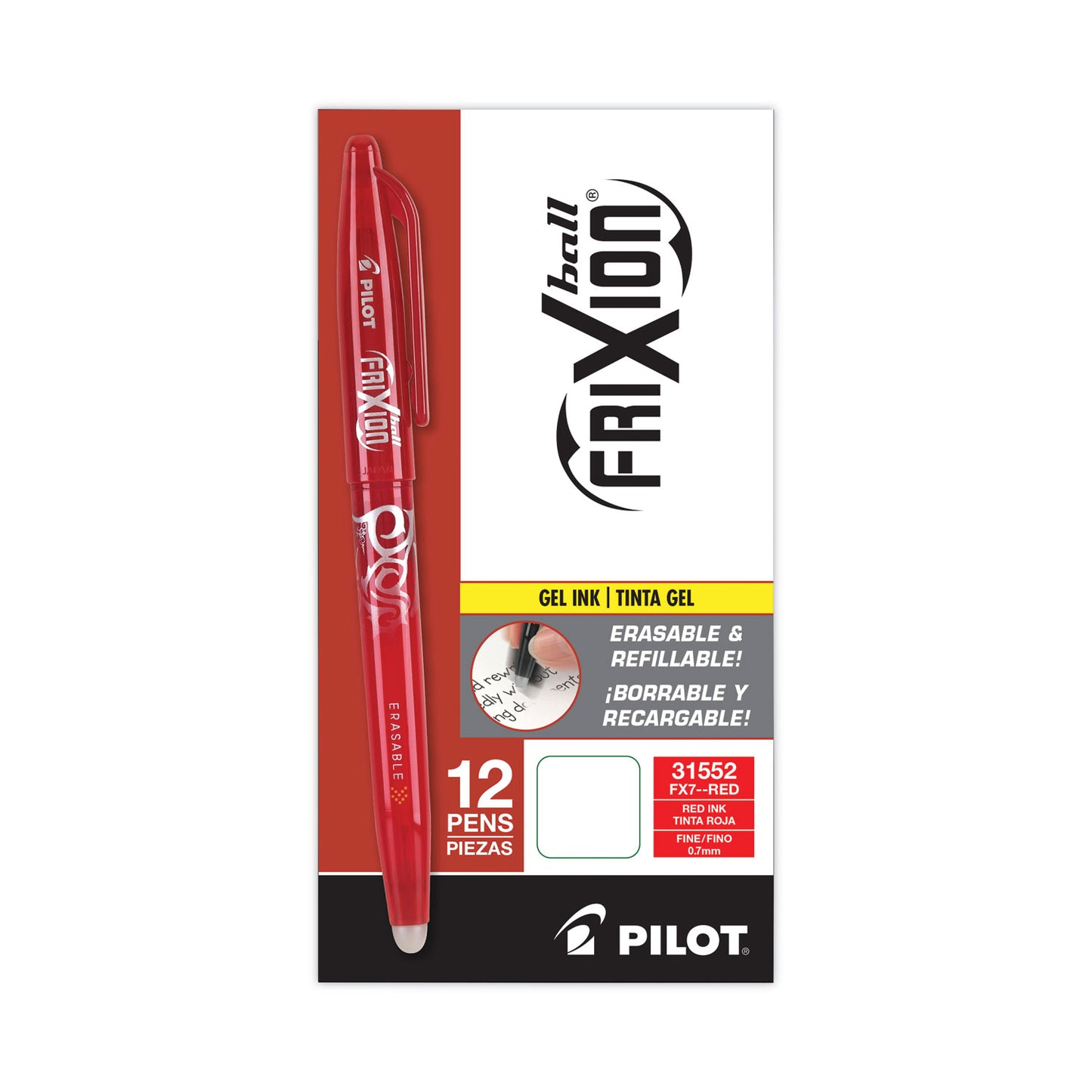 Pilot FriXion Ball Erasable Gel Pen, Stick, Fine 0.7 mm, Red Ink, Red Barrel (31552)