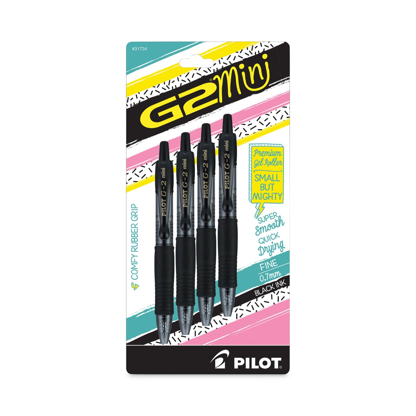 Pilot G2 Mini Gel Pen, Retractable, Fine 0.7 mm, Black Ink, Smoke/Black Barrel, 4/Pack (31734)