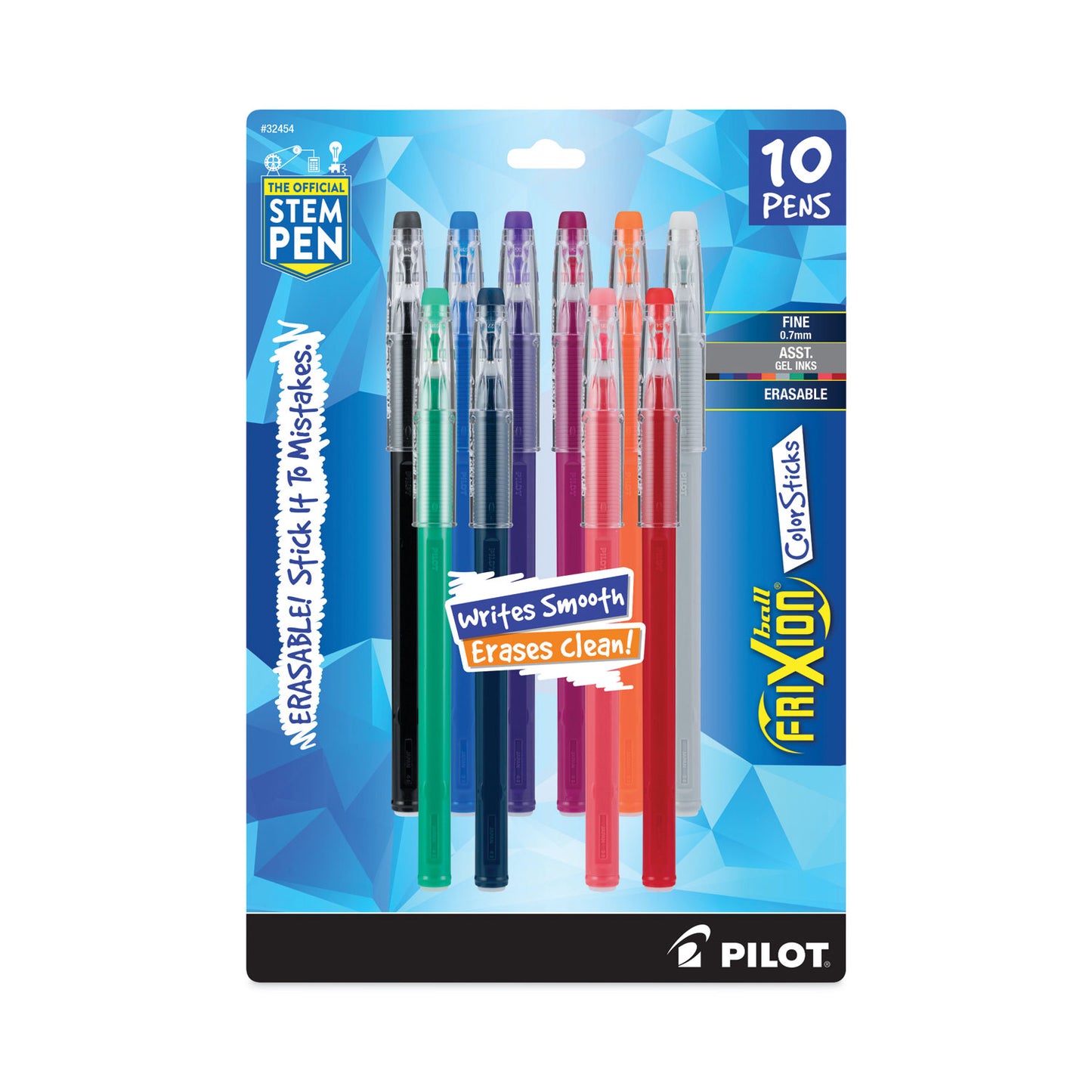 Pilot FriXion ColorSticks Erasable Gel Pen, Stick, Fine 0.7 mm, Ten Assorted Ink and Barrel Colors, 10/Pack (32454)