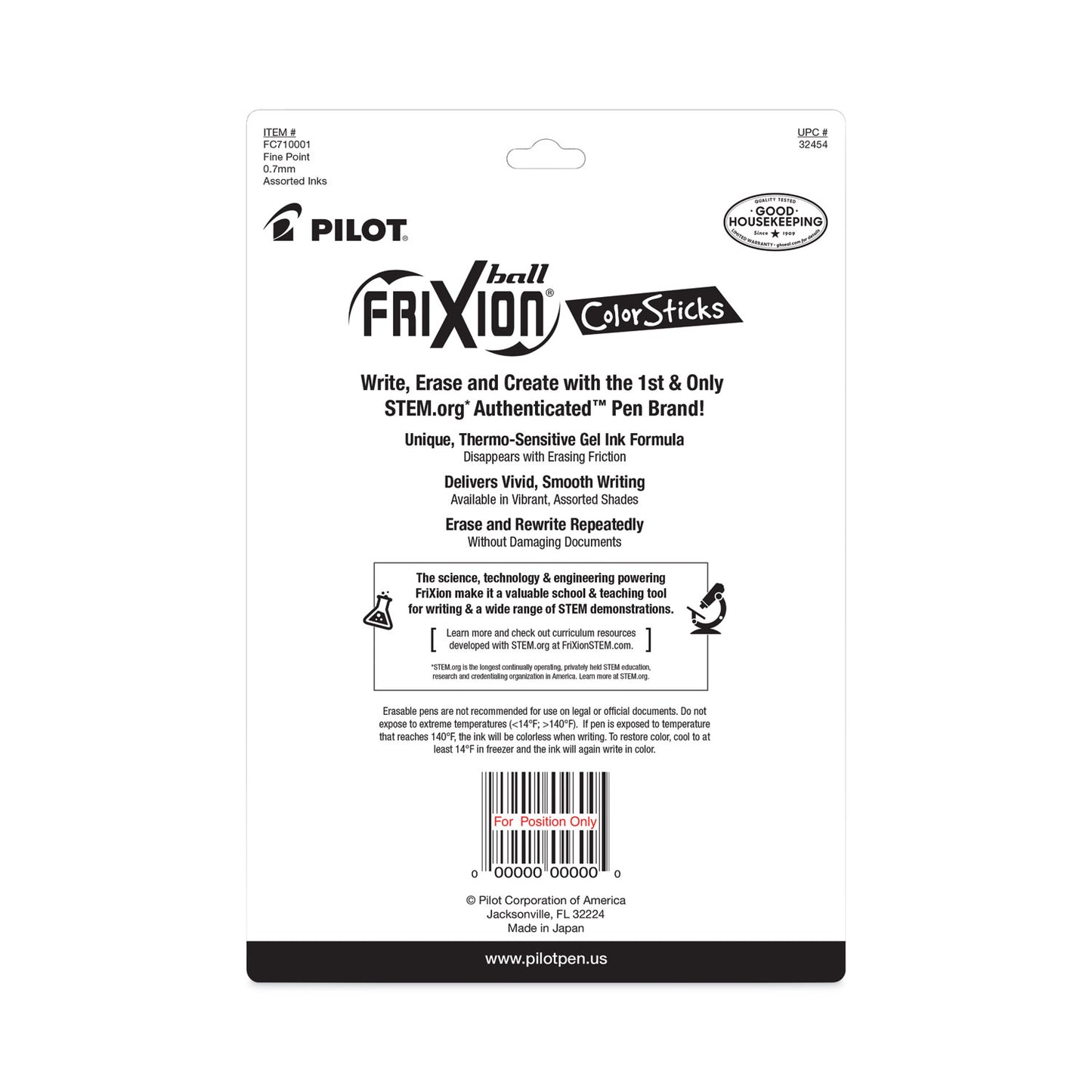 Pilot FriXion ColorSticks Erasable Gel Pen, Stick, Fine 0.7 mm, Ten Assorted Ink and Barrel Colors, 10/Pack (32454)