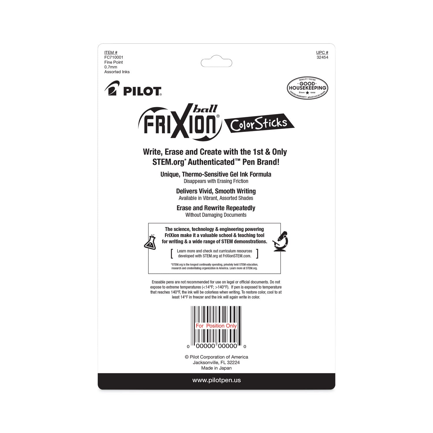 Pilot FriXion ColorSticks Erasable Gel Pen, Stick, Fine 0.7 mm, Ten Assorted Ink and Barrel Colors, 10/Pack (32454)