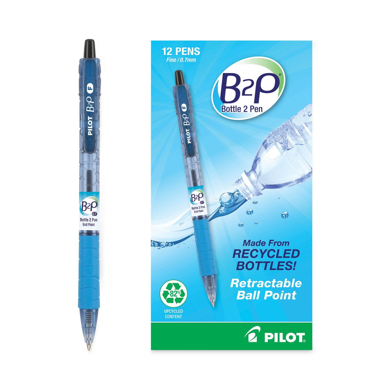 Pilot B2P Bottle-2-Pen Recycled Ballpoint Pen, Retractable, Fine 0.7 mm, Black Ink, Translucent Blue Barrel, Dozen (32600)