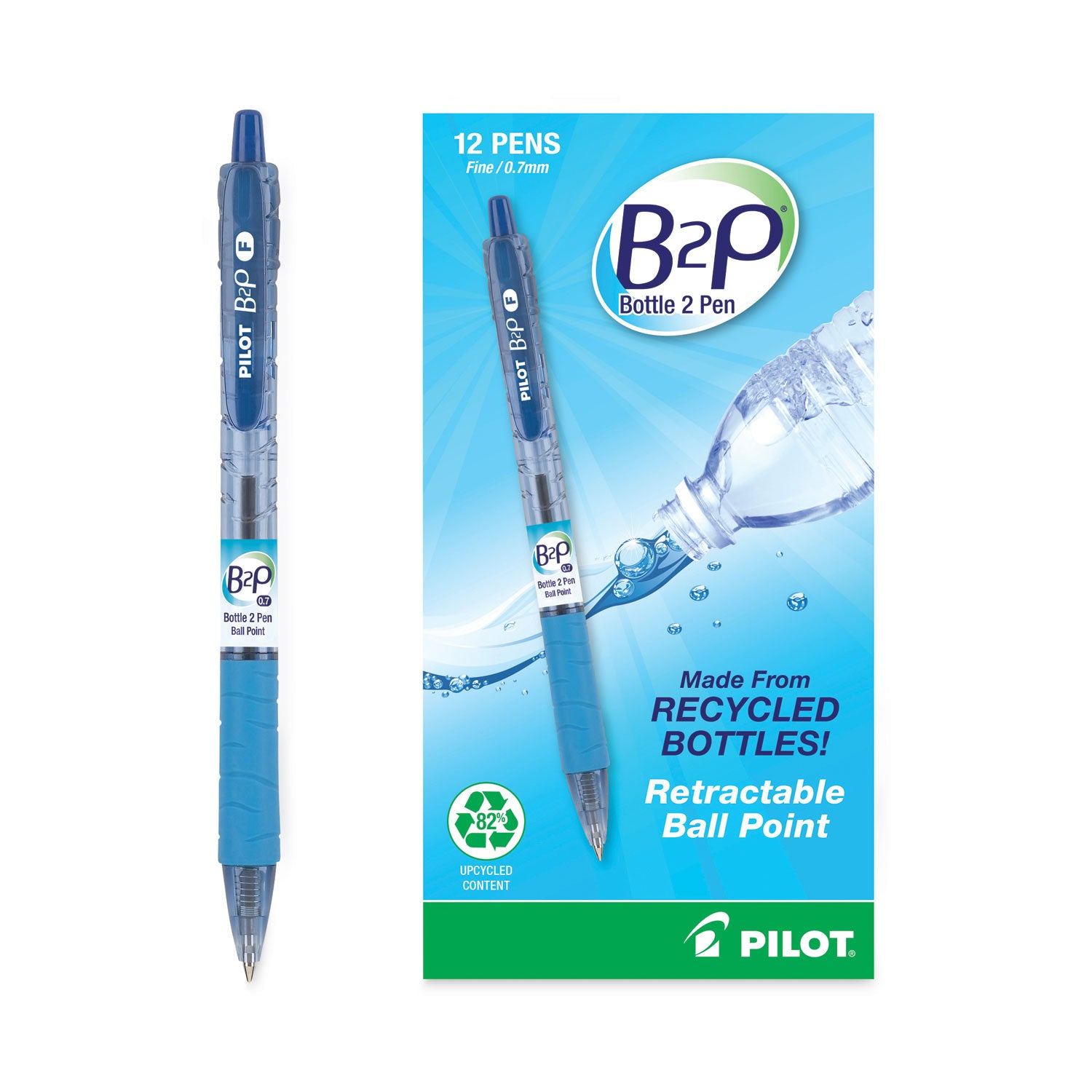 Pilot B2P Bottle-2-Pen Recycled Ballpoint Pen, Retractable, Fine 0.7 mm, Blue Ink, Translucent Blue Barrel, Dozen (32601)