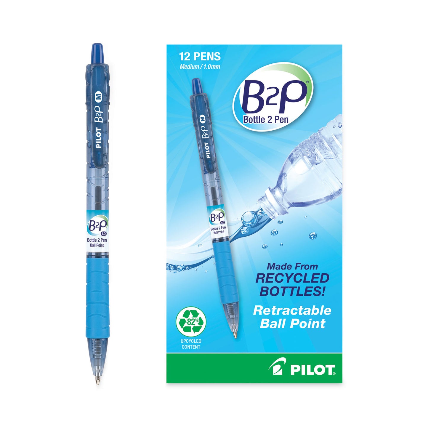Pilot B2P Bottle-2-Pen Recycled Ballpoint Pen, Retractable, Medium 1 mm, Blue Ink, Translucent Blue Barrel, Dozen (32801)