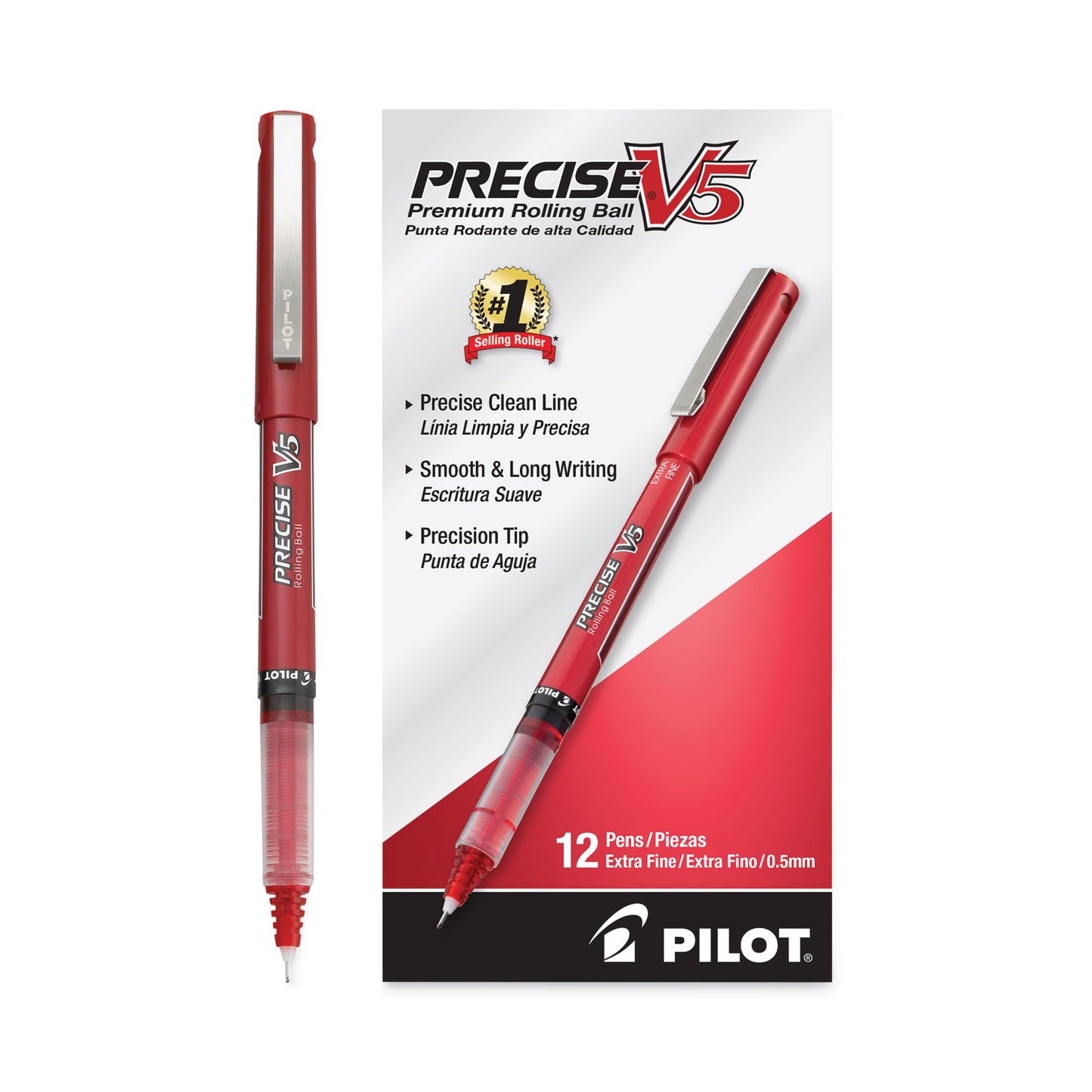 Pilot Precise V5 Roller Ball Pen, Stick, Extra-Fine 0.5 mm, Red Ink, Red/Clear Barrel, Dozen (35336)