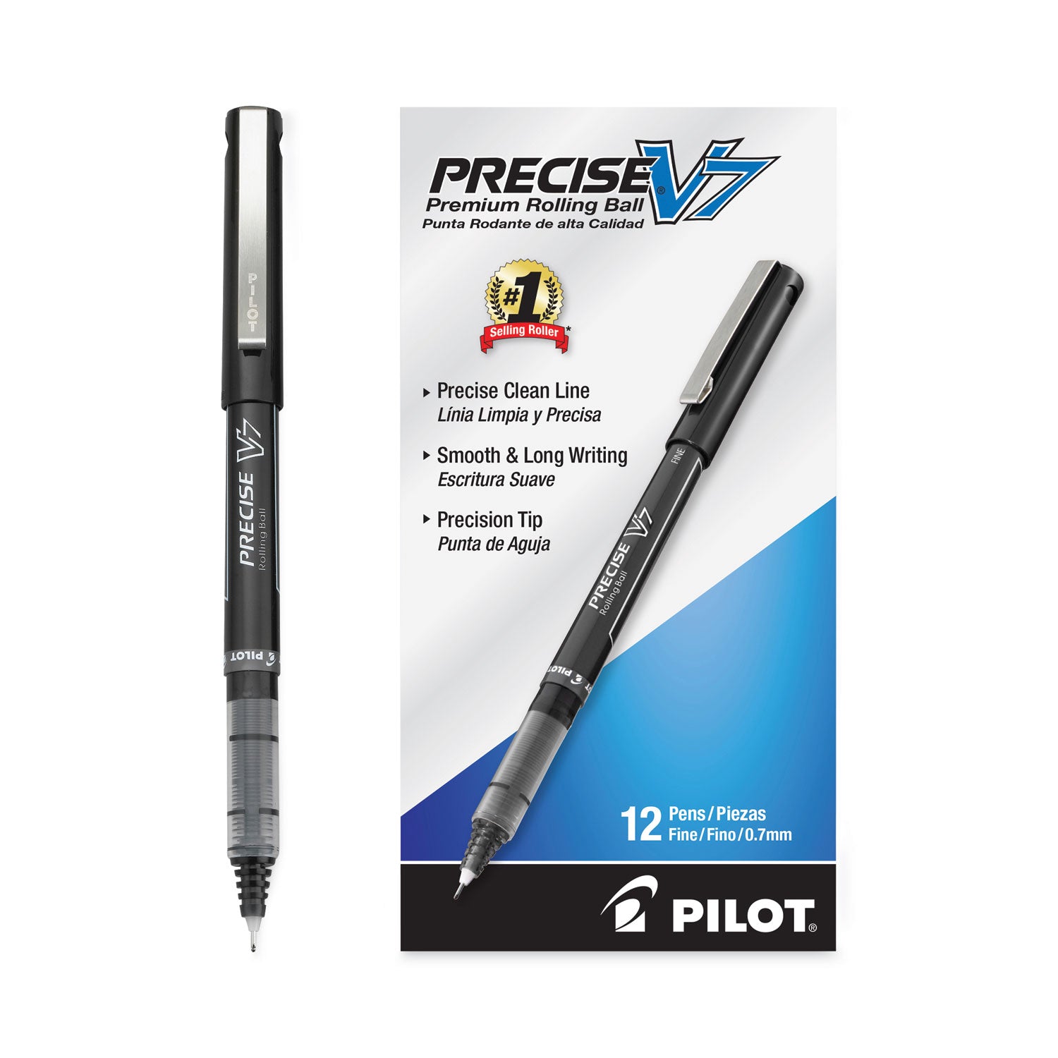 Pilot Precise V7 Roller Ball Pen, Stick, Fine 0.7 mm, Black Ink, Black/Clear Barrel, Dozen (35346)