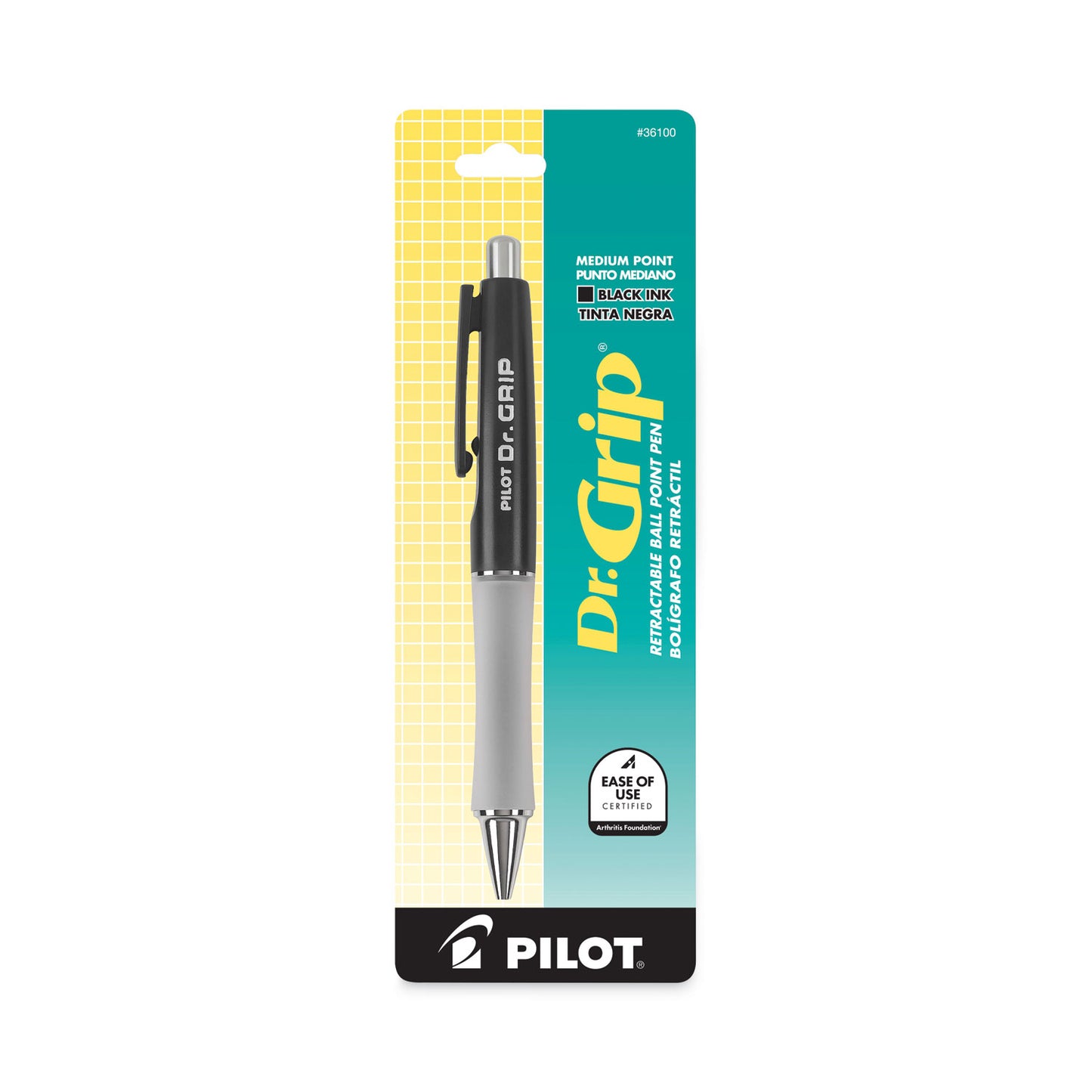 Pilot Dr. Grip Ballpoint Pen, Retractable, Medium 1 mm, Black Ink, Black Barrel (36100)