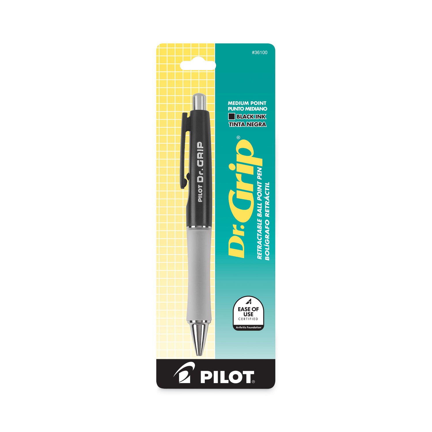 Pilot Dr. Grip Ballpoint Pen, Retractable, Medium 1 mm, Black Ink, Black Barrel (36100)