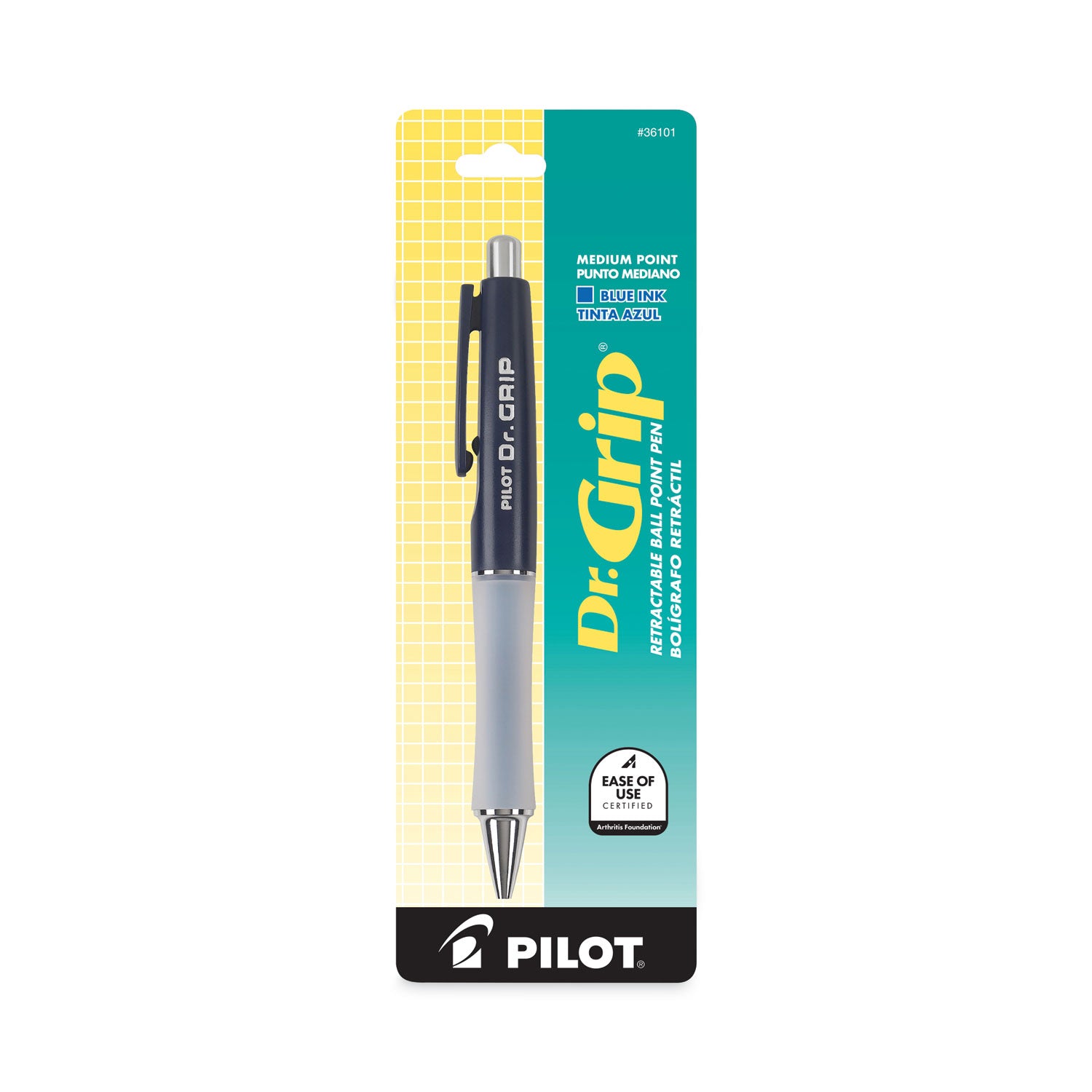 Pilot Dr. Grip Ballpoint Pen, Retractable, Medium 1 mm, Blue Ink, Navy Barrel (36101)