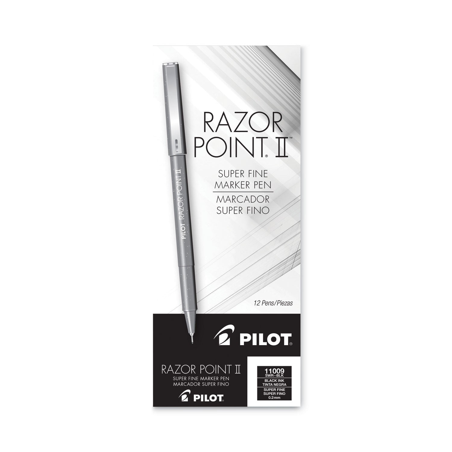 Pilot Razor Point II Super Fine Line Porous Point Pen, Stick, Ultra-Fine 0.2 mm, Black Ink, Black Barrel, Dozen (11009)