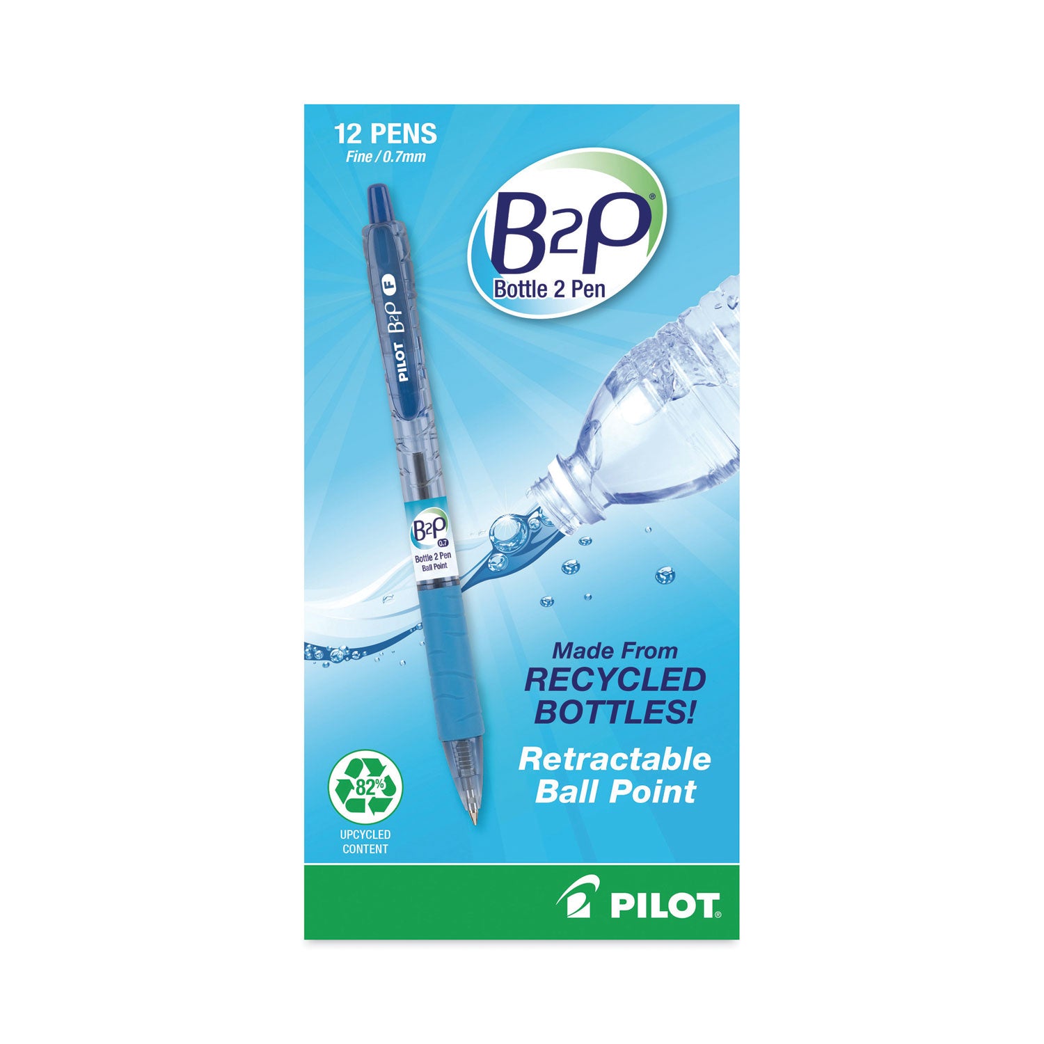 Pilot B2P Bottle-2-Pen Recycled Ballpoint Pen, Retractable, Fine 0.7 mm, Blue Ink, Translucent Blue Barrel, Dozen (32601)