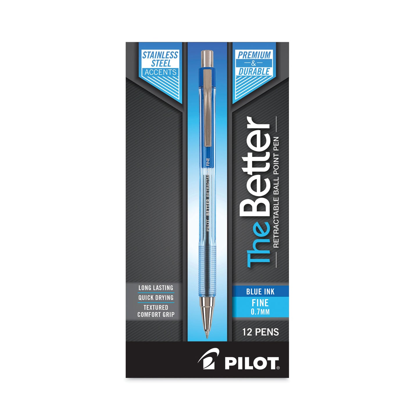 Pilot Better Ballpoint Pen, Retractable, Fine 0.7 mm, Blue Ink, Translucent Blue Barrel, Dozen (30001)