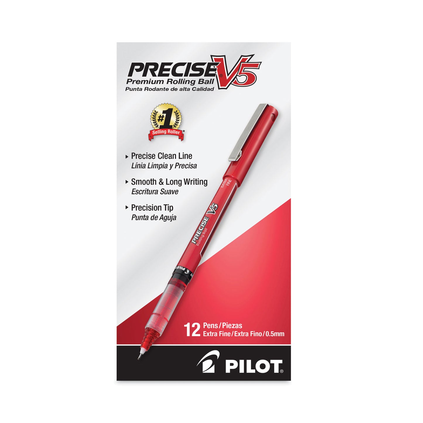 Pilot Precise V5 Roller Ball Pen, Stick, Extra-Fine 0.5 mm, Red Ink, Red/Clear Barrel, Dozen (35336)