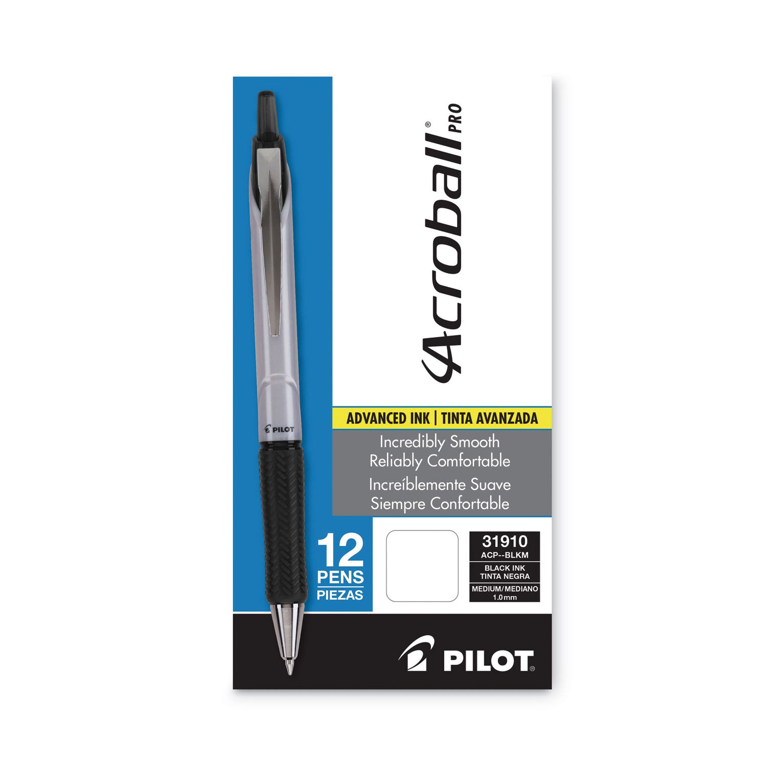 Pilot Acroball Pro Advanced Ink Hybrid Gel Pen, Retractable, Medium 1 mm, Black Ink, Silver/Black Barrel, Dozen (31910)
