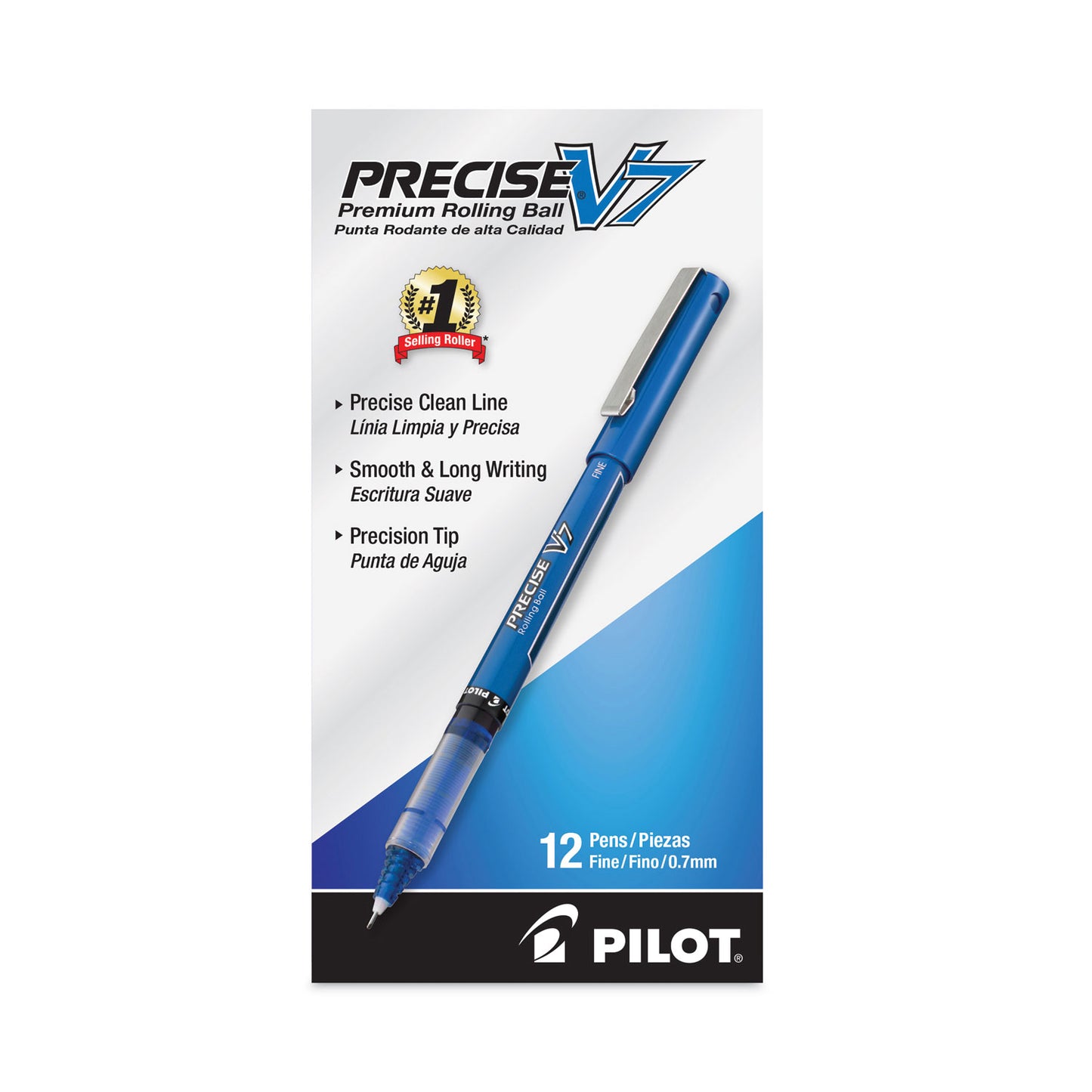 Pilot Precise V7 Roller Ball Pen, Stick, Fine 0.7 mm, Blue Ink, Blue/Clear Barrel, Dozen (35349)