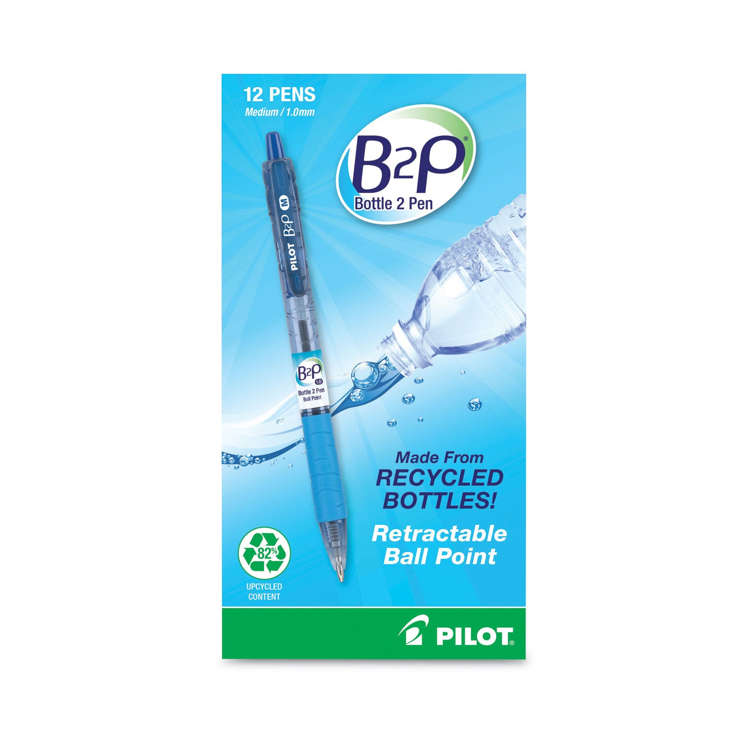 Pilot B2P Bottle-2-Pen Recycled Ballpoint Pen, Retractable, Medium 1 mm, Blue Ink, Translucent Blue Barrel, Dozen (32801)