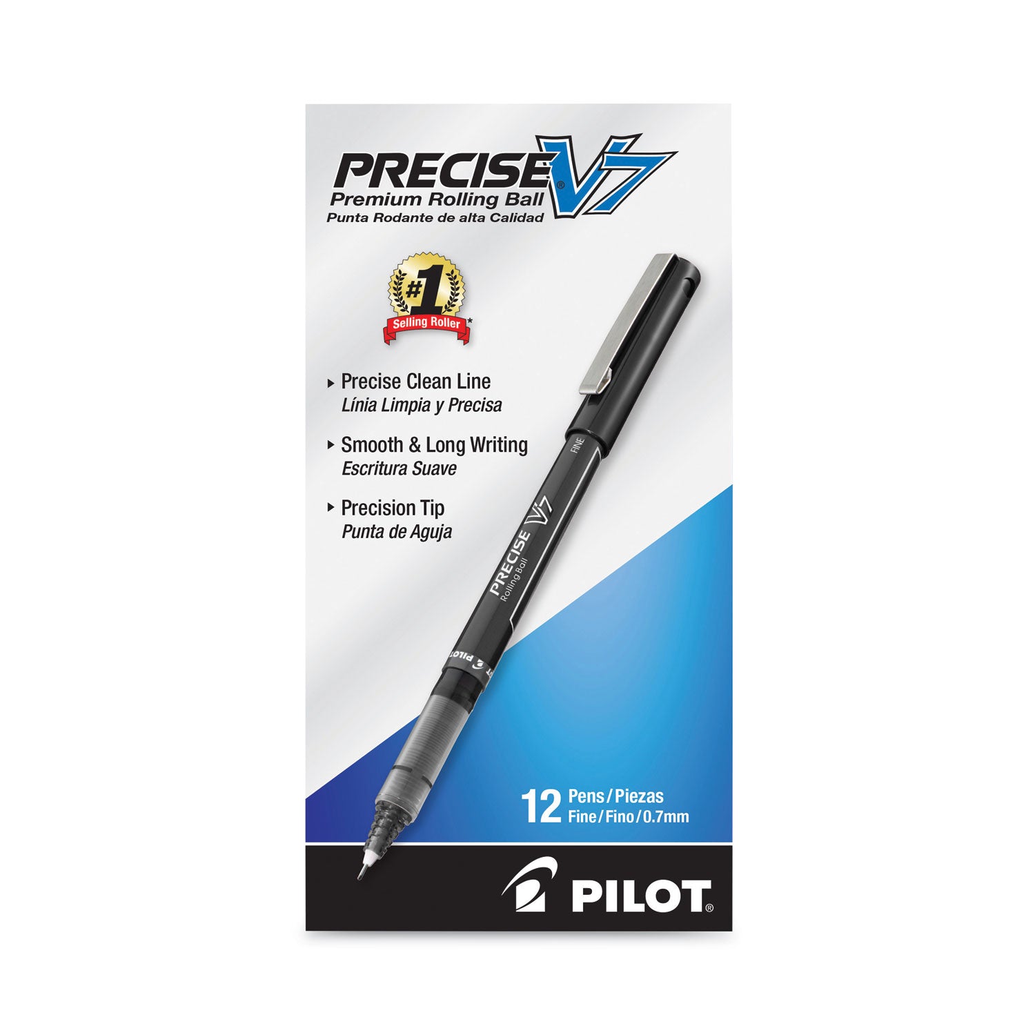 Pilot Precise V7 Roller Ball Pen, Stick, Fine 0.7 mm, Black Ink, Black/Clear Barrel, Dozen (35346)