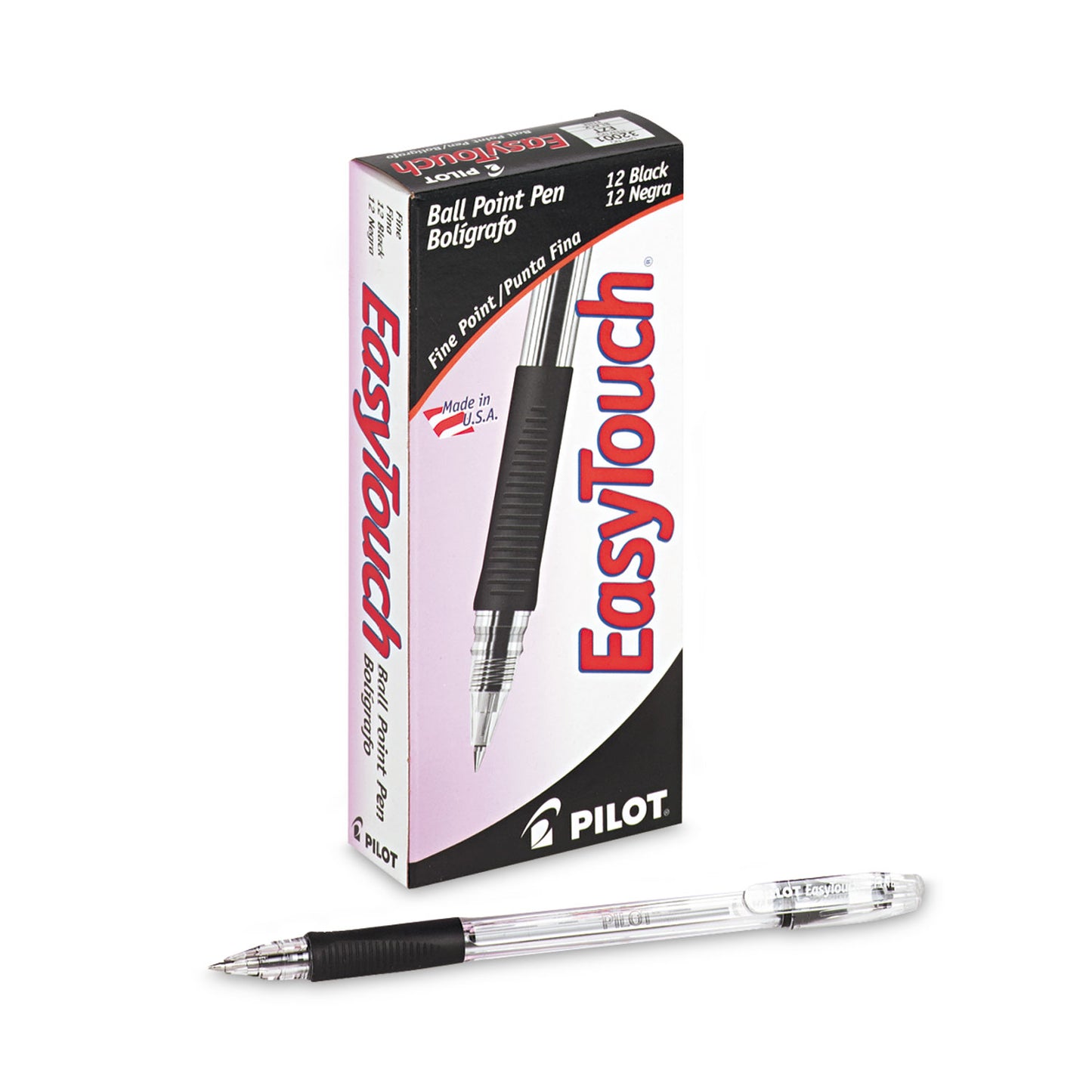 Pilot EasyTouch Ballpoint Pen, Stick, Fine 0.7 mm, Black Ink, Clear/Black Barrel, Dozen (32001)