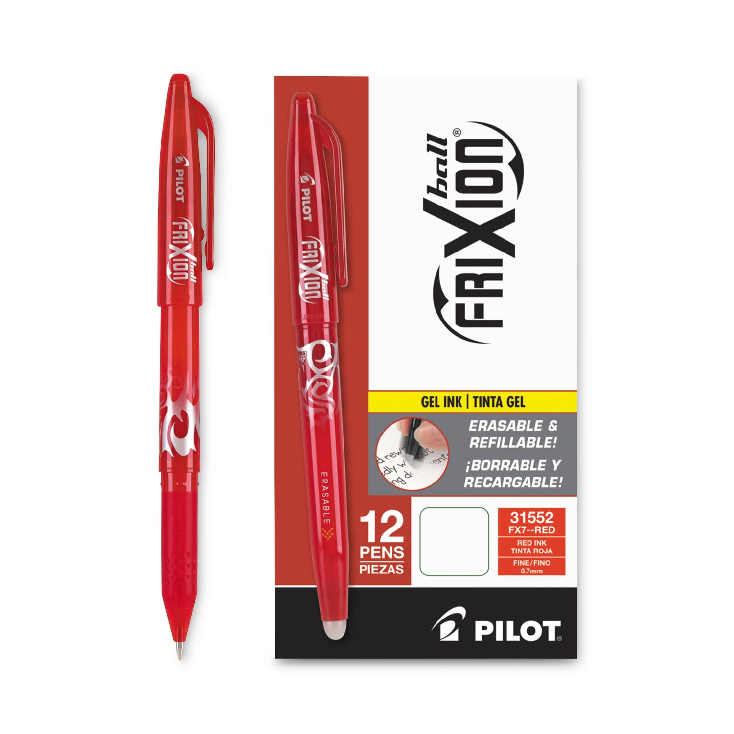 Pilot FriXion Ball Erasable Gel Pen, Stick, Fine 0.7 mm, Red Ink, Red Barrel (31552)