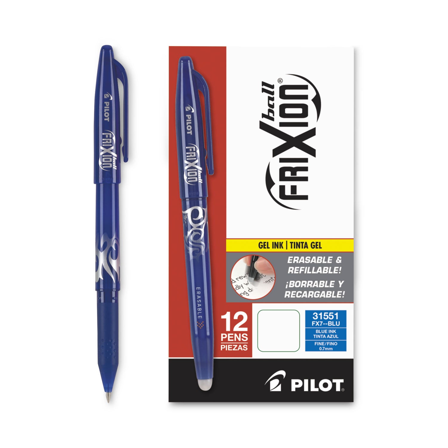 Pilot FriXion Ball Erasable Gel Pen, Stick, Fine 0.7 mm, Blue Ink, Blue Barrel (31551)